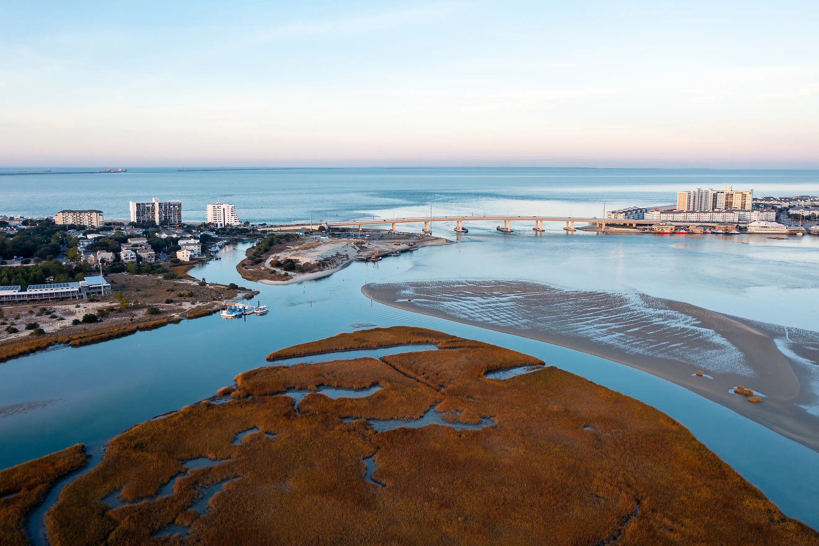 Aerial view of the Lynnhaven Inlet and the Chesapeake Bay in Virginia Beach.