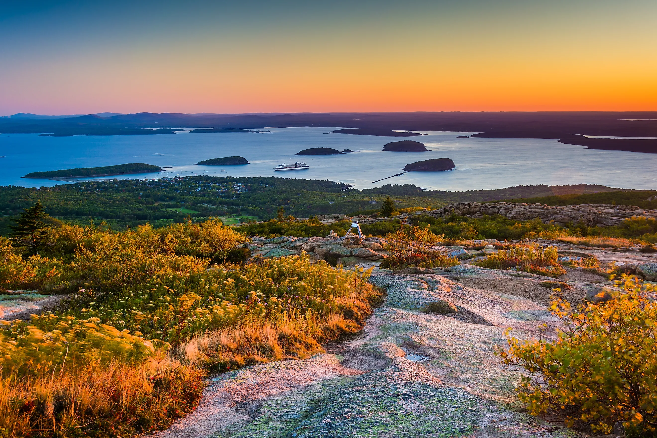 Sunrise view from Cadillac Mountain in Acadia National Park, Maine.