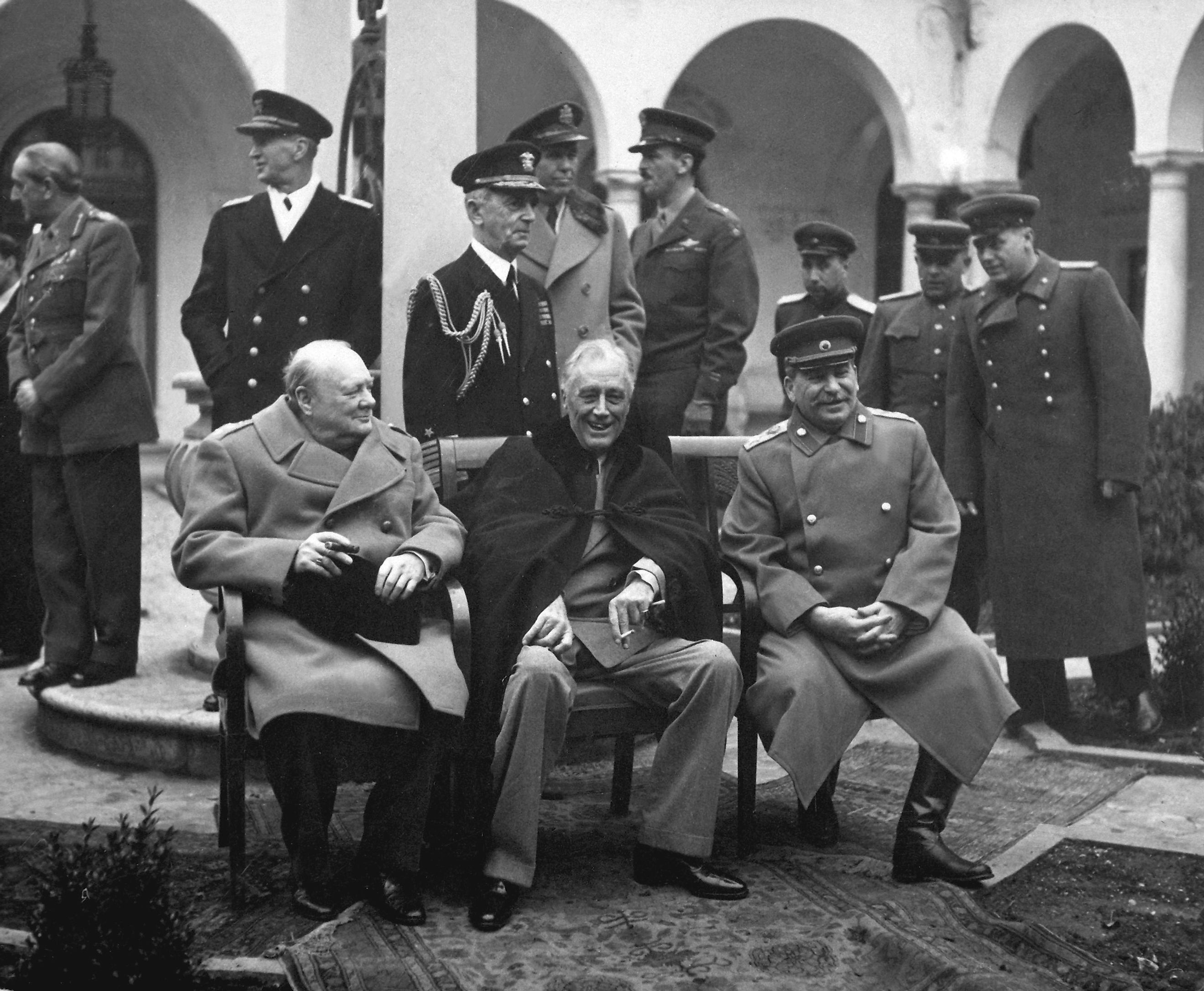 The "Big Three" at the Yalta Conference: Winston Churchill, Franklin D. Roosevelt, and Joseph Stalin, 1945