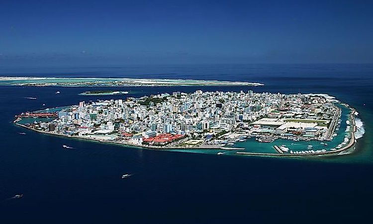 An aerial view of Male, the capital city of Maldives, an island nation.