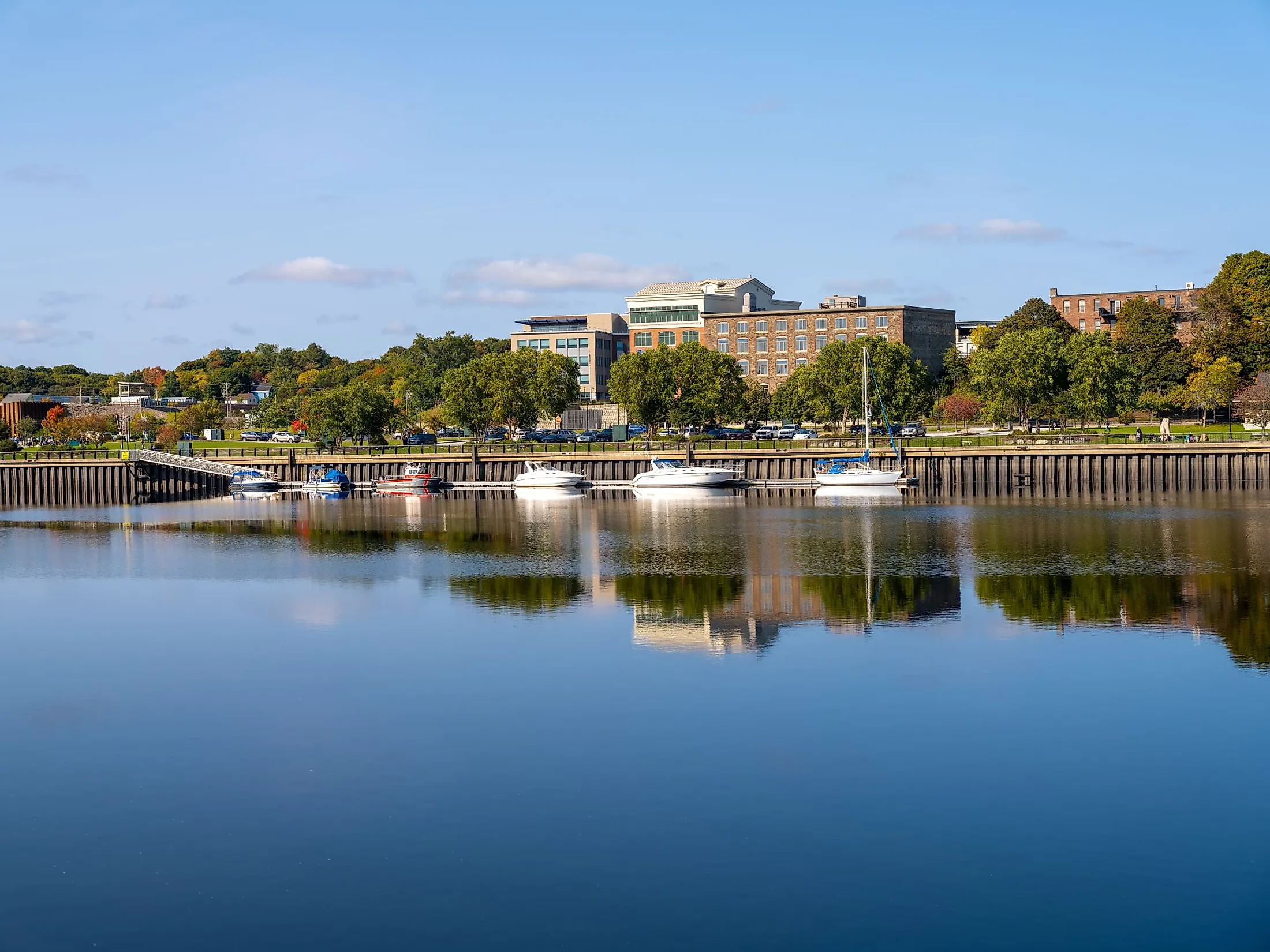 Boats moored along the Penobscot River in Bangor, Maine