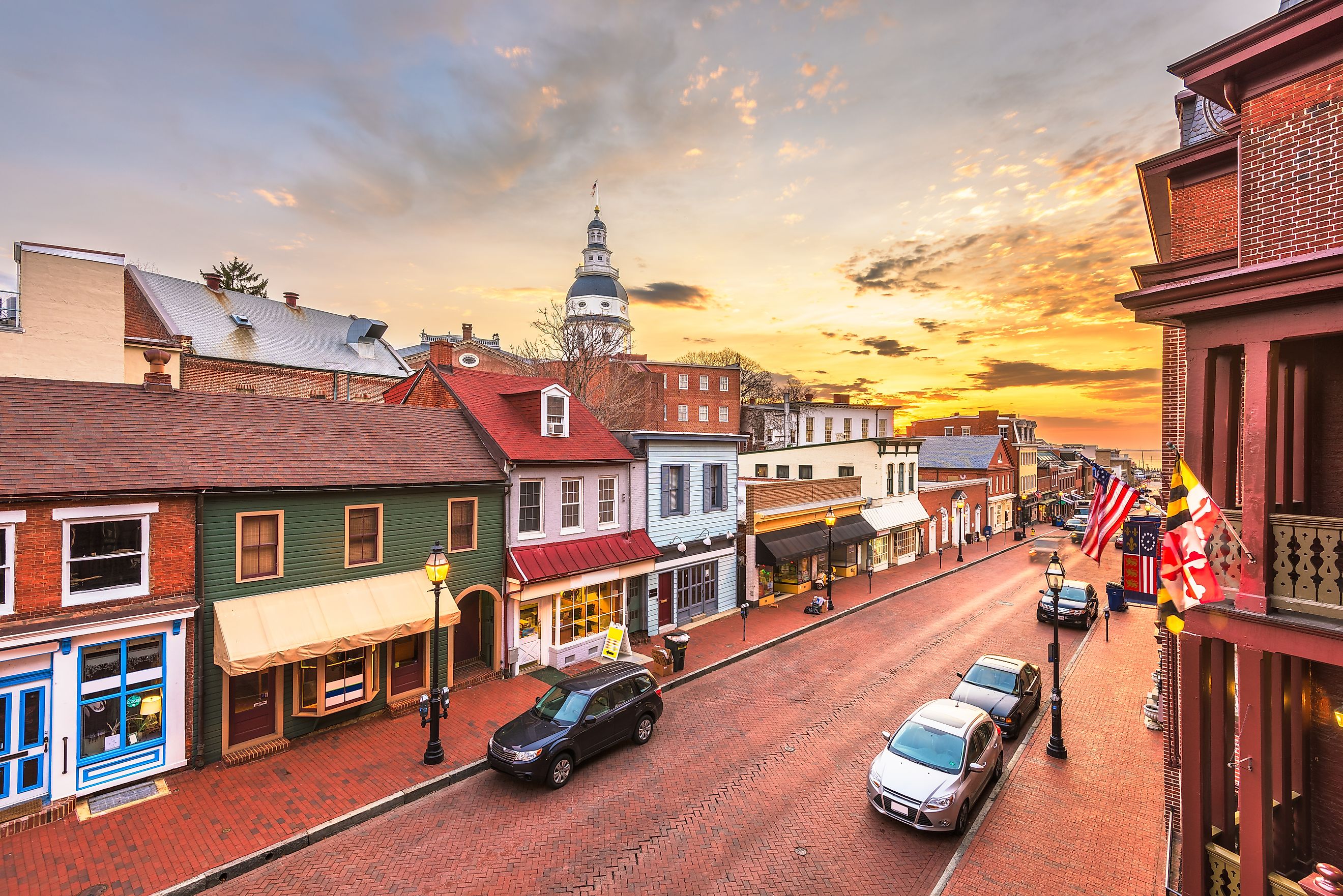 Annapolis, Maryland, USA downtown view over Main Street with the State House at dawn.