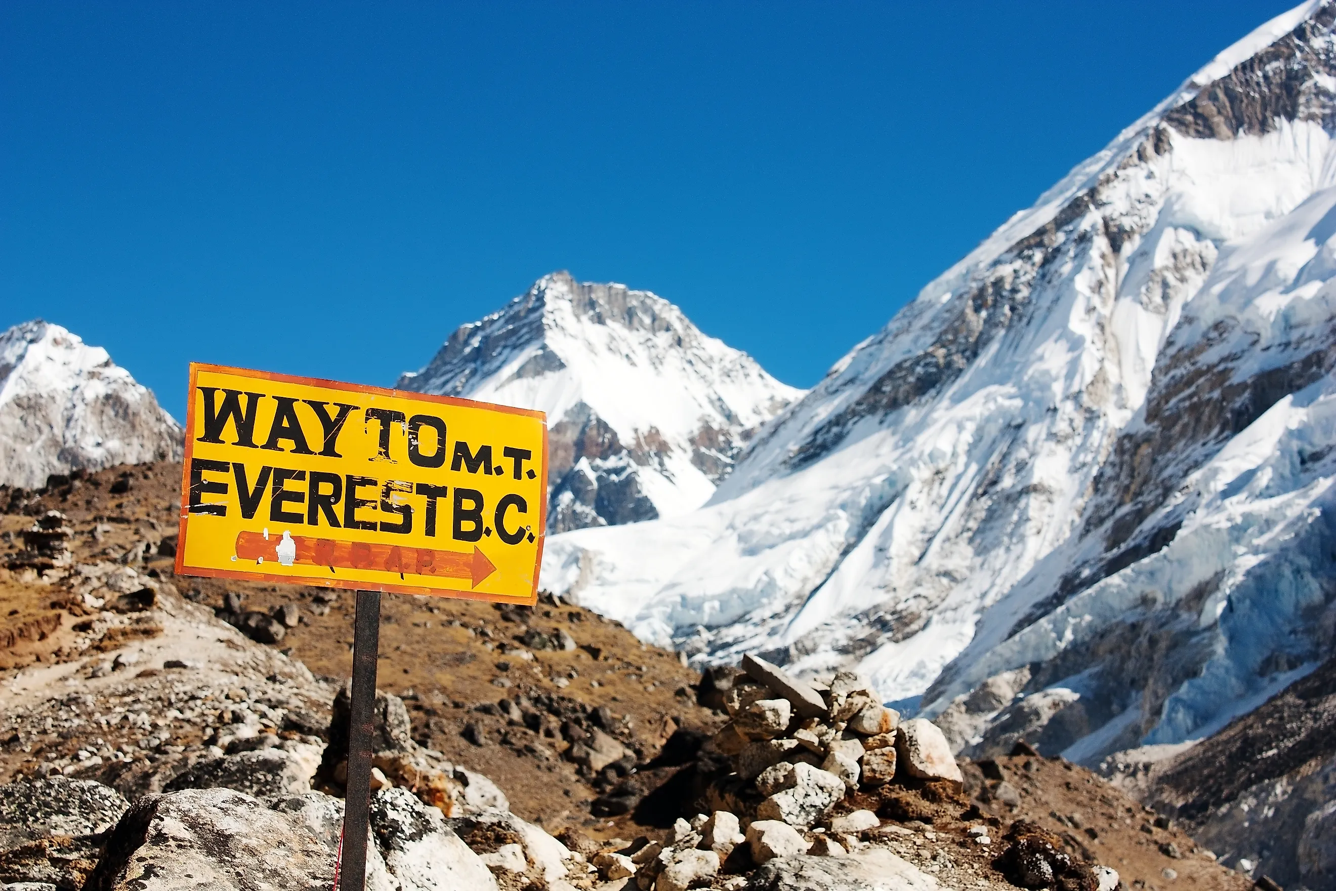 Signs pointing to the base camp at Mount Everest.