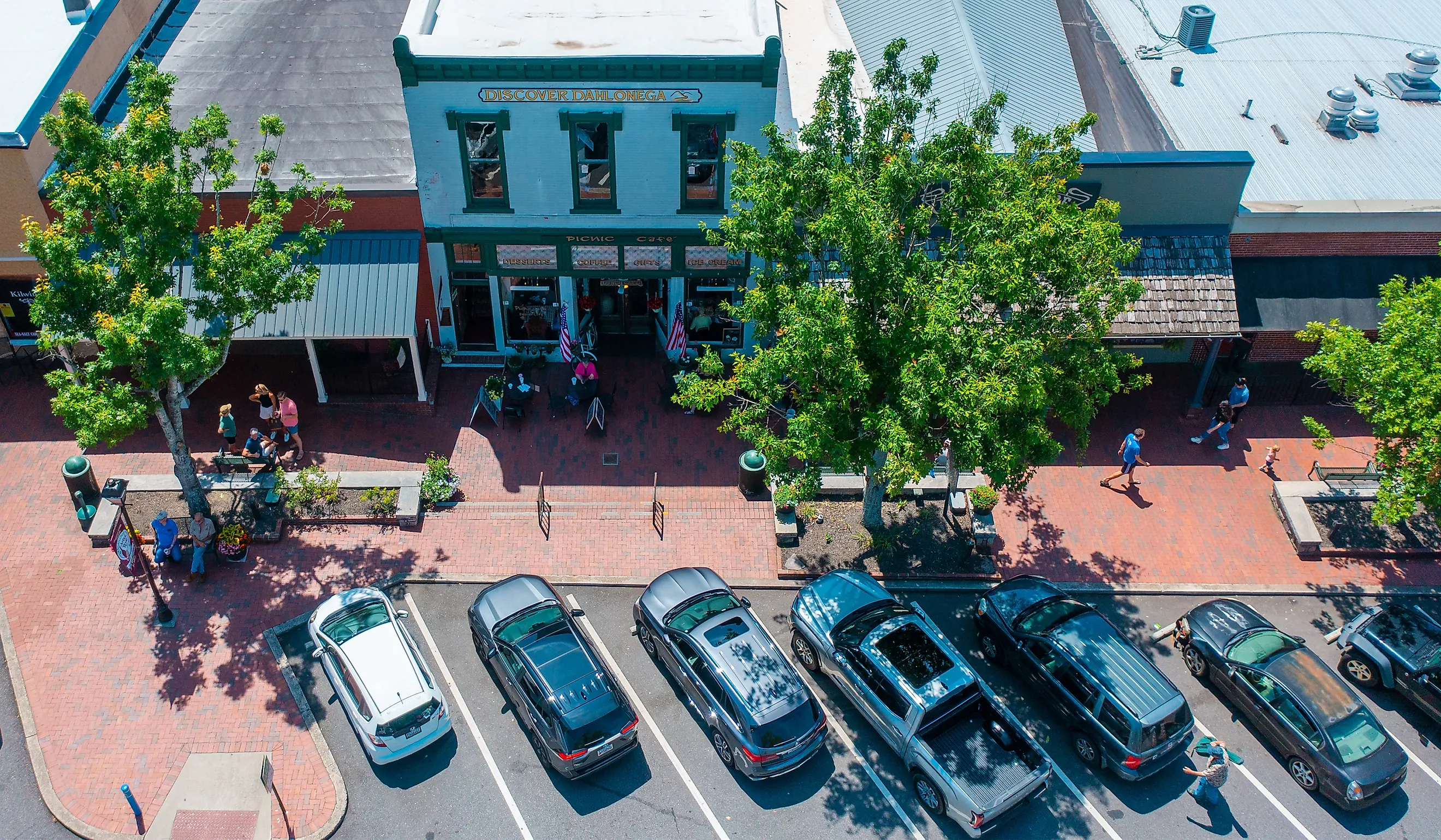 View of businesses along the Main Street in Dahlonega, Georgia.