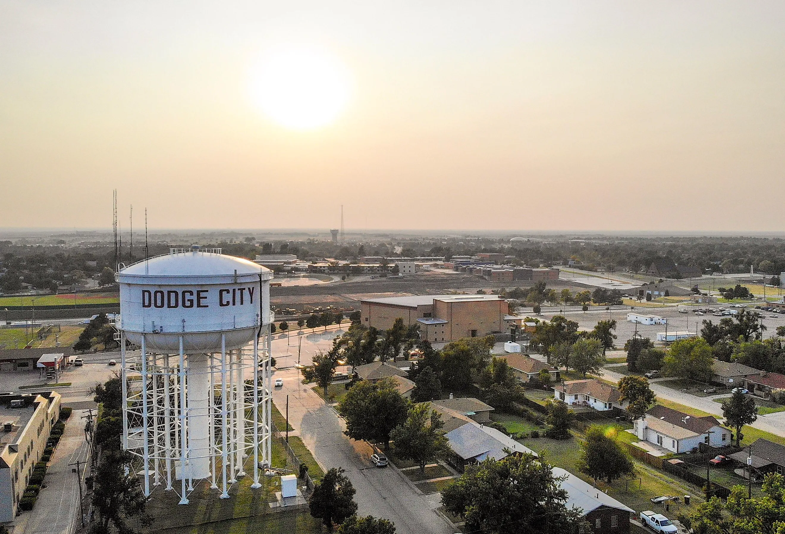 Water tower in downtown Dodge City, Kansas. Editorial credit: Eduardo Medrano / Shutterstock.com