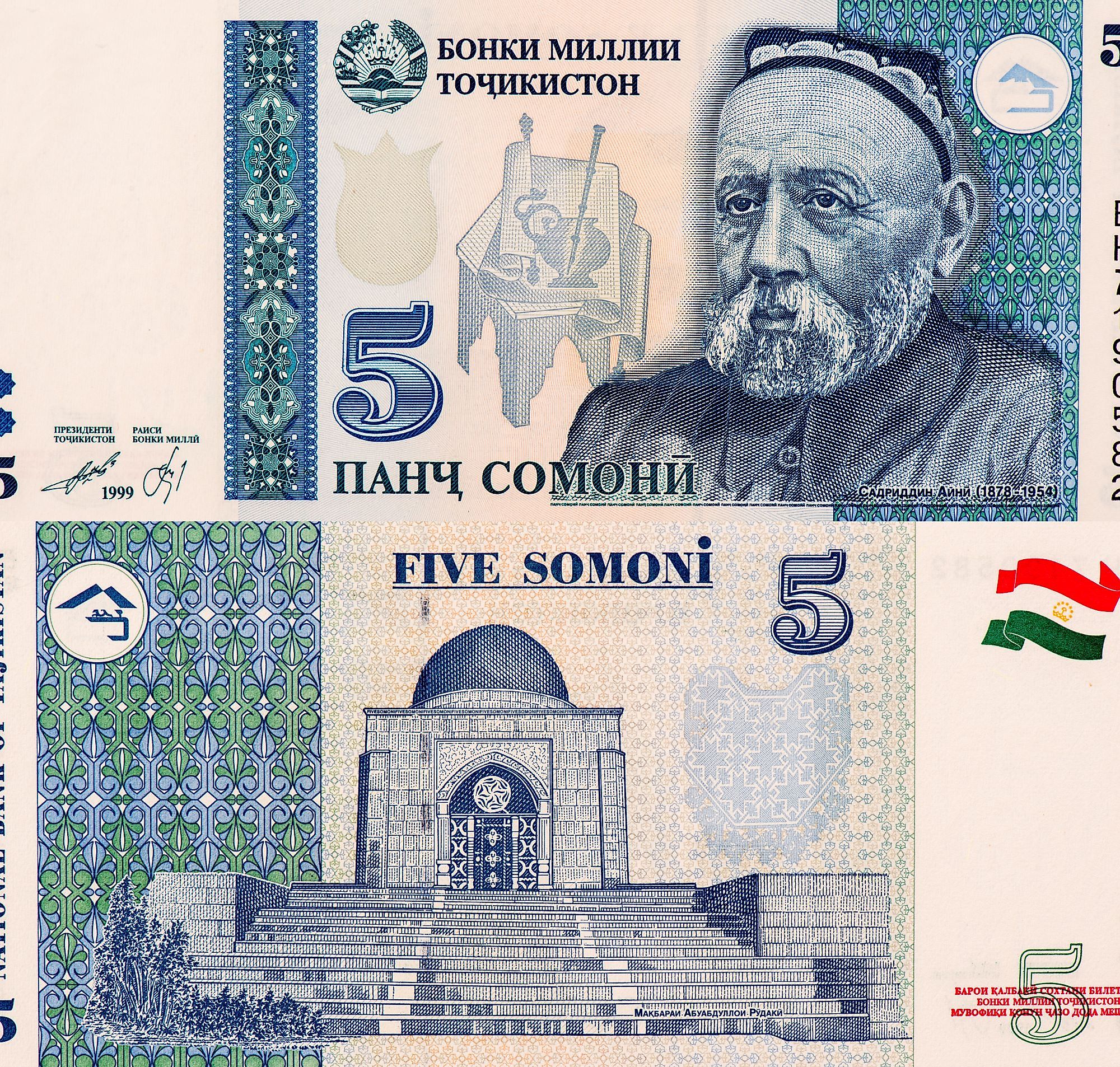Tajikistani somoni bills.