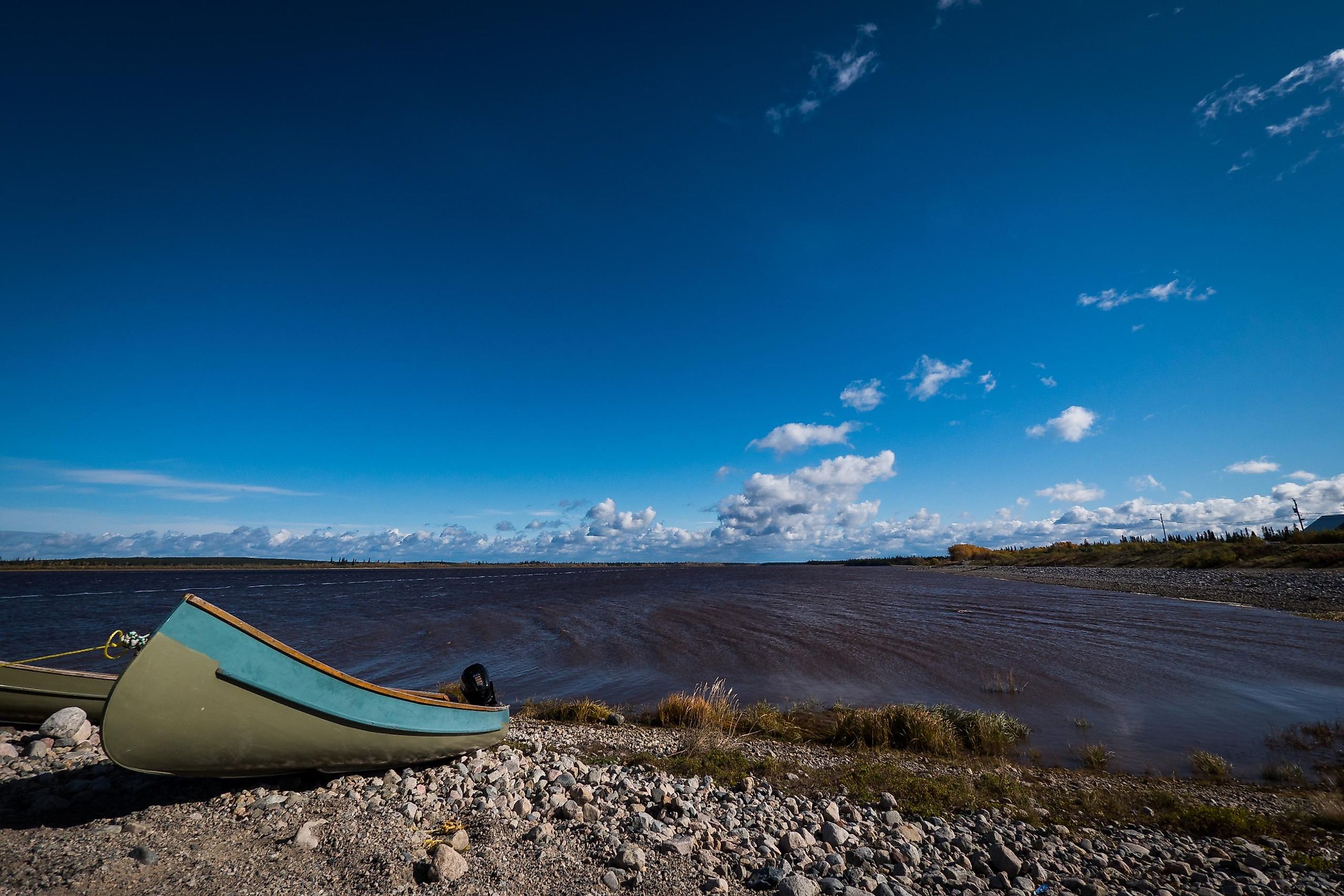 A Cree canoe in Eastmain, Quebec, on the James Bay shore. 