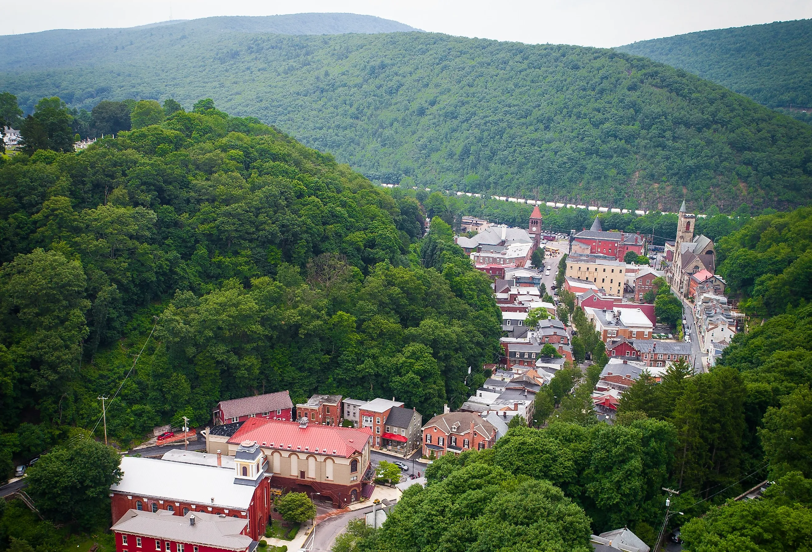 Aerial view of Jim Thorpe, Pennsylvania and the Pocono Mountains.