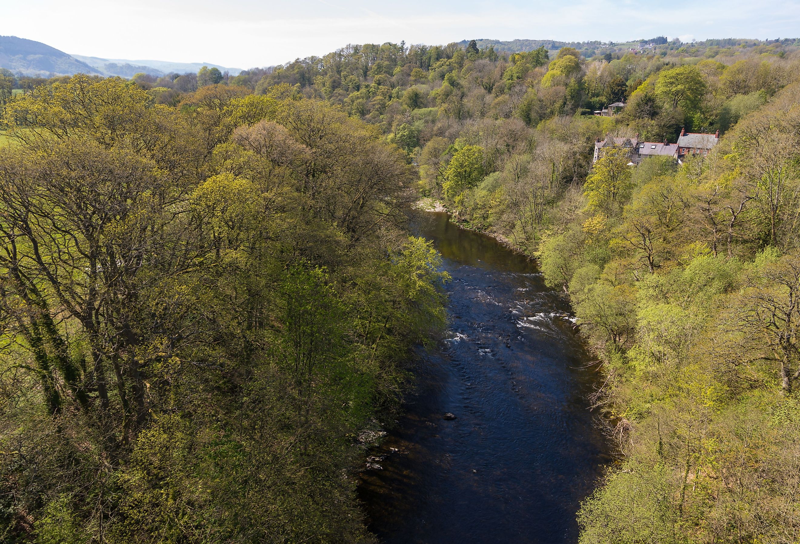 Aerial vew of the Dee River in Llangollen, Denbighshire, Wales. Green forests line the river. Image credit Tomasz Wozniak via Shutterstock.