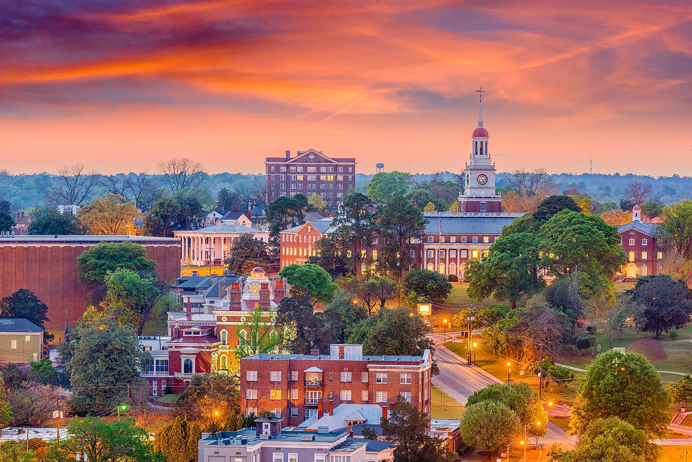 Macon, Georgia, USA historic downtown skyline at dusk.