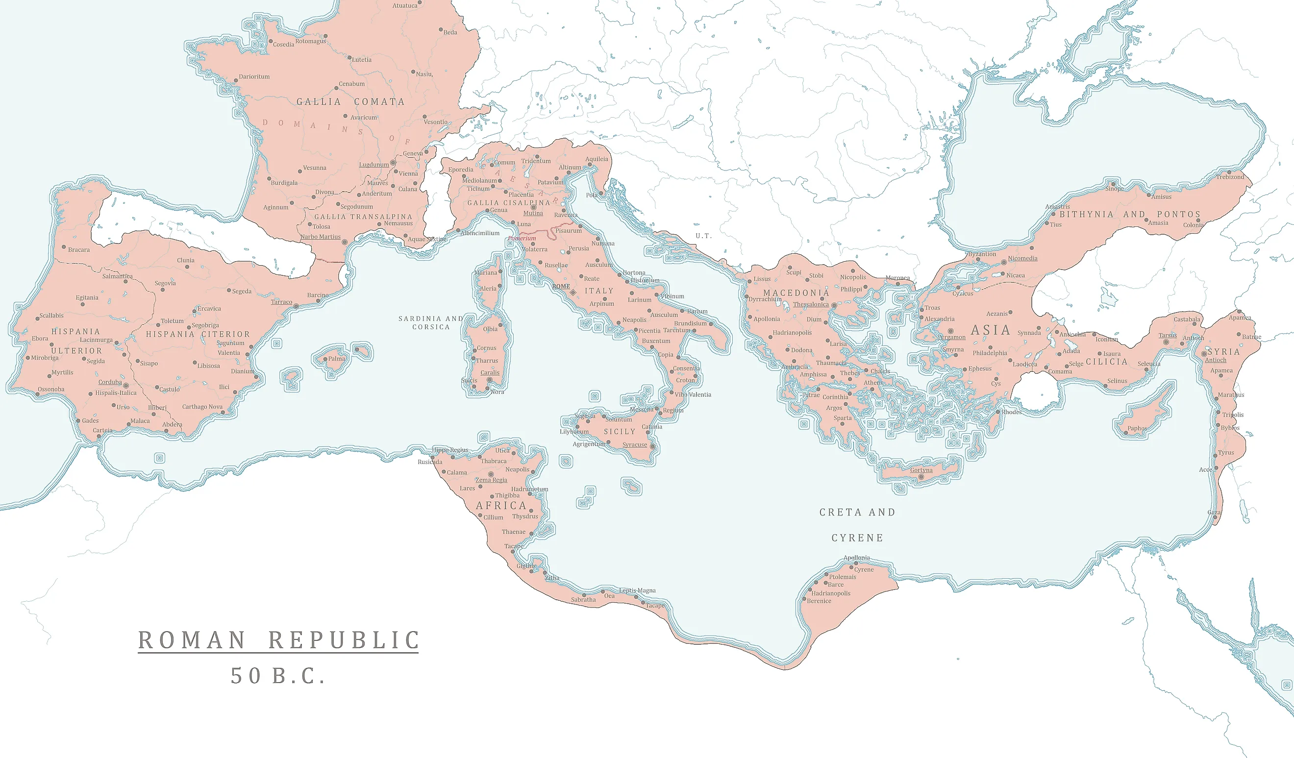 Roman Republic, 50 BCE (Shuaaa2, CC BY 4.0, via Wikimedia Commons)