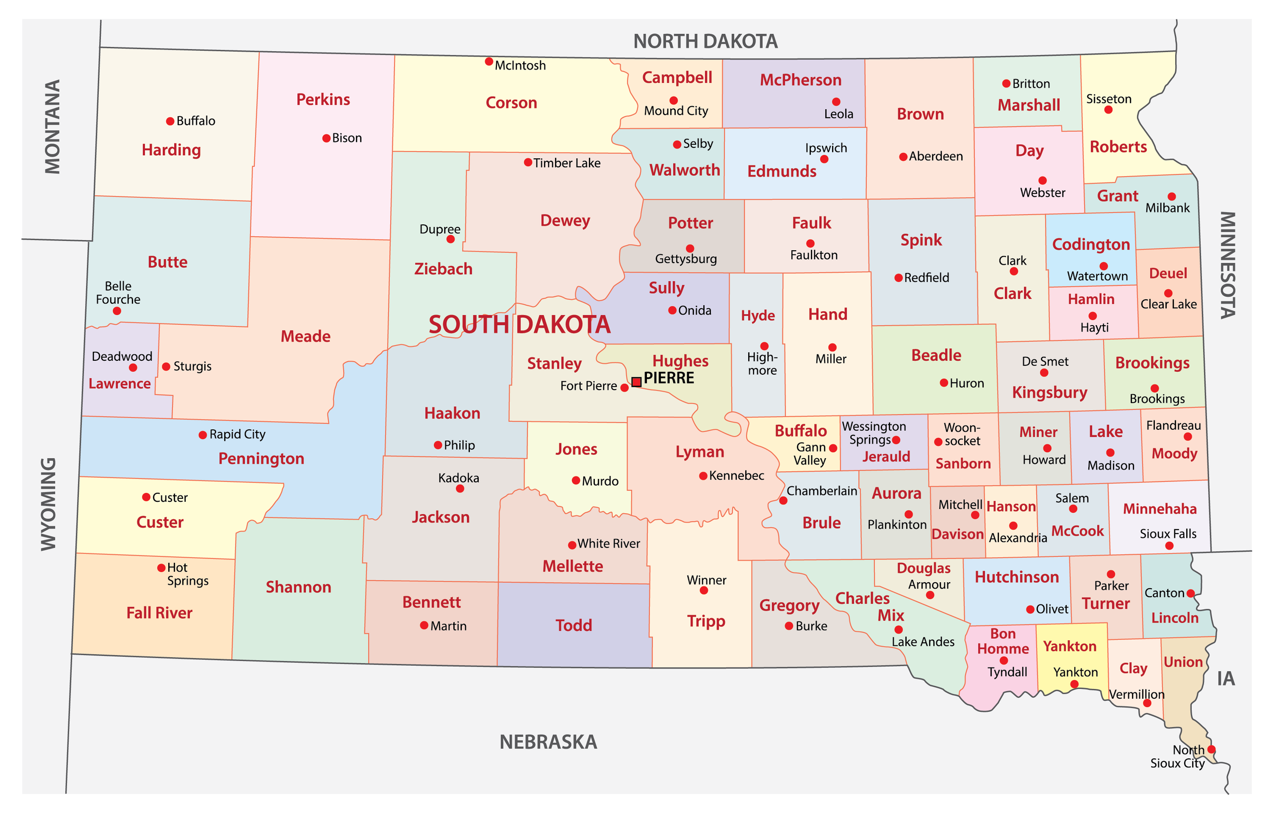 South Dakota County Map With Towns