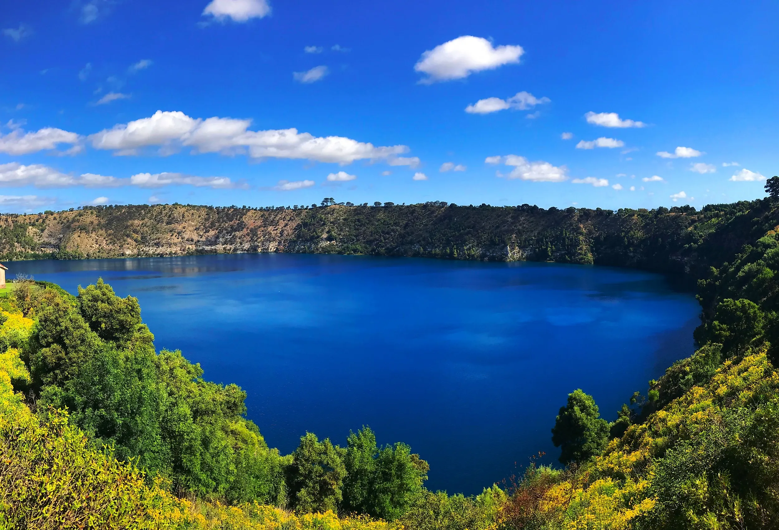 Panorama view of Blue Lake, a volcanic crater at Mount Gambier-South Australia in a sunny day.