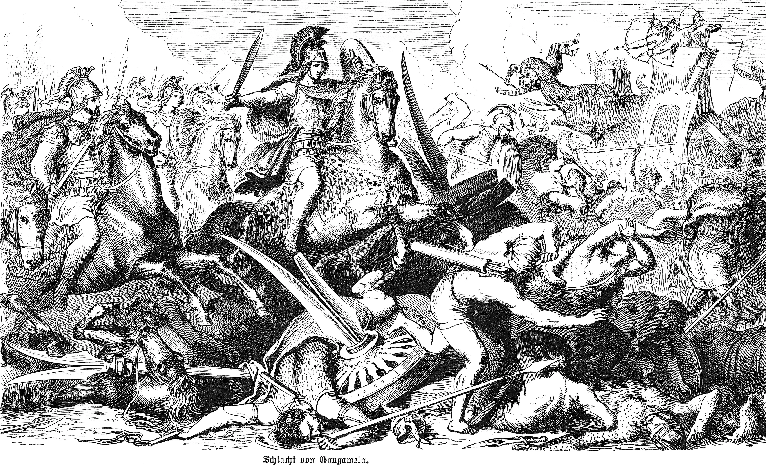 The decisive confrontation between Alexander the Great's forces and Darius III's Persian army at Gaugamela in 331 BCE. Old vintage illustration, 1880.