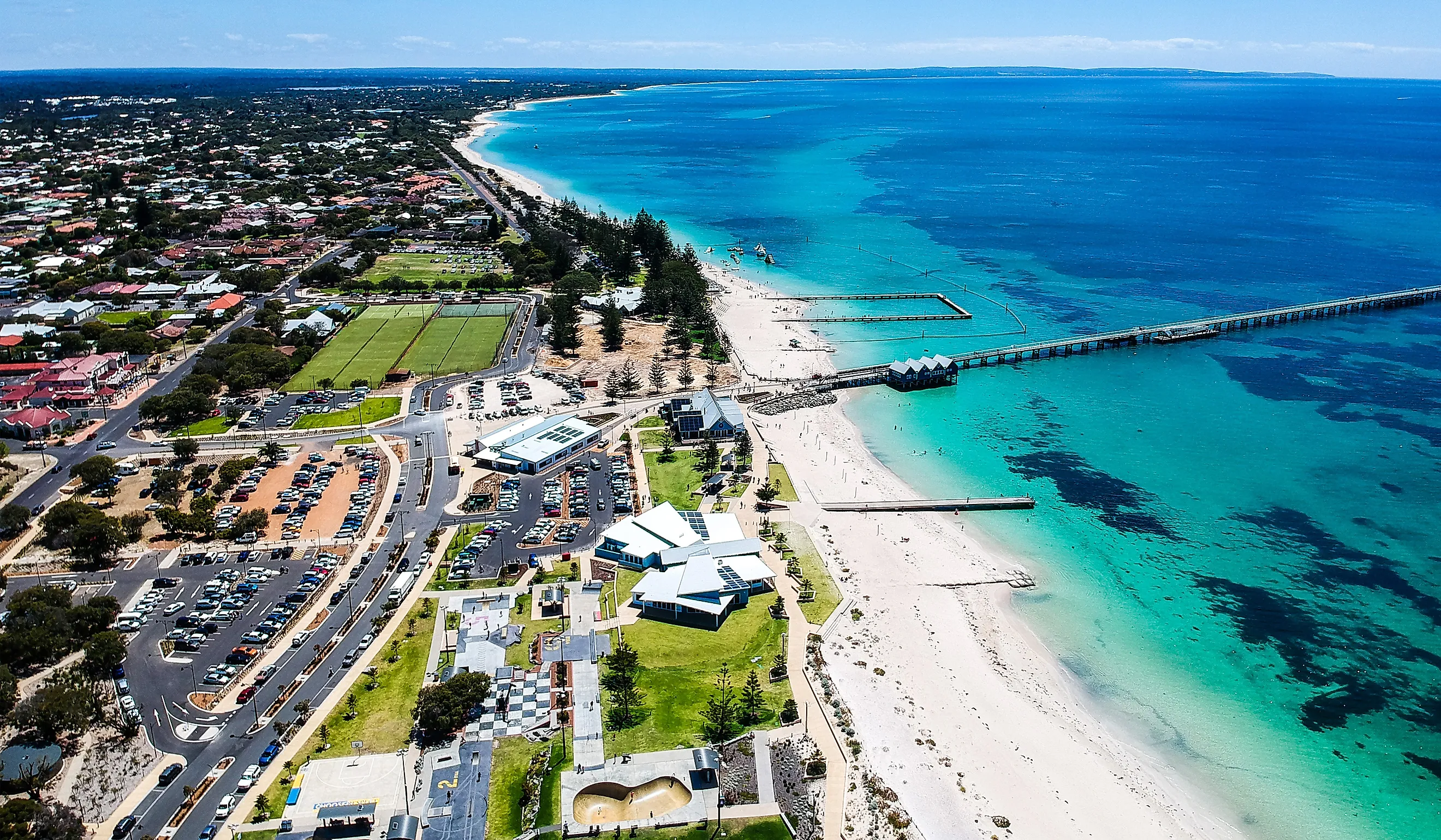 An aerial view of Busselton Jetty in Western Australia.