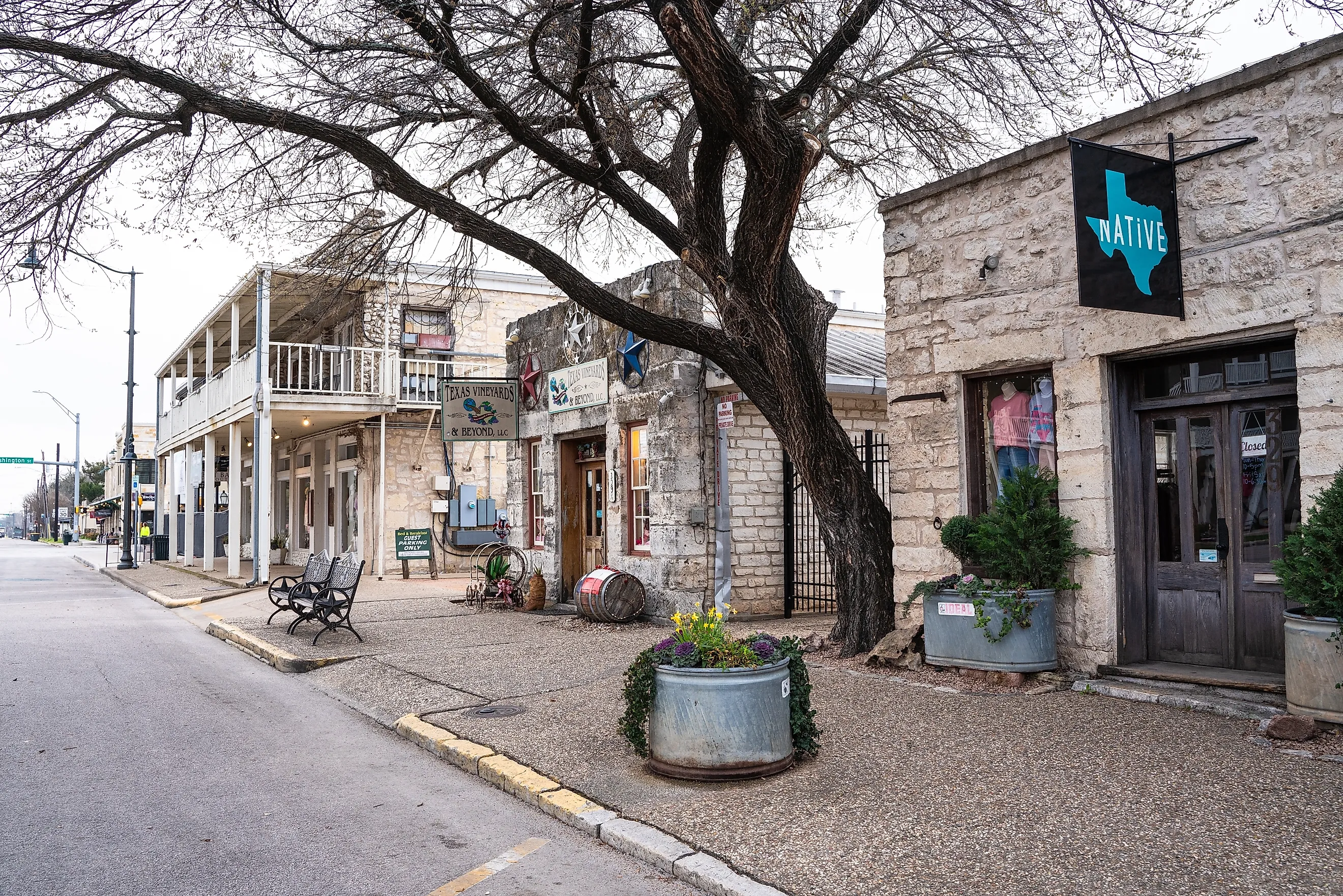 Street scene from hill country town, Fredericksburg Texas with historic buildings in view. 