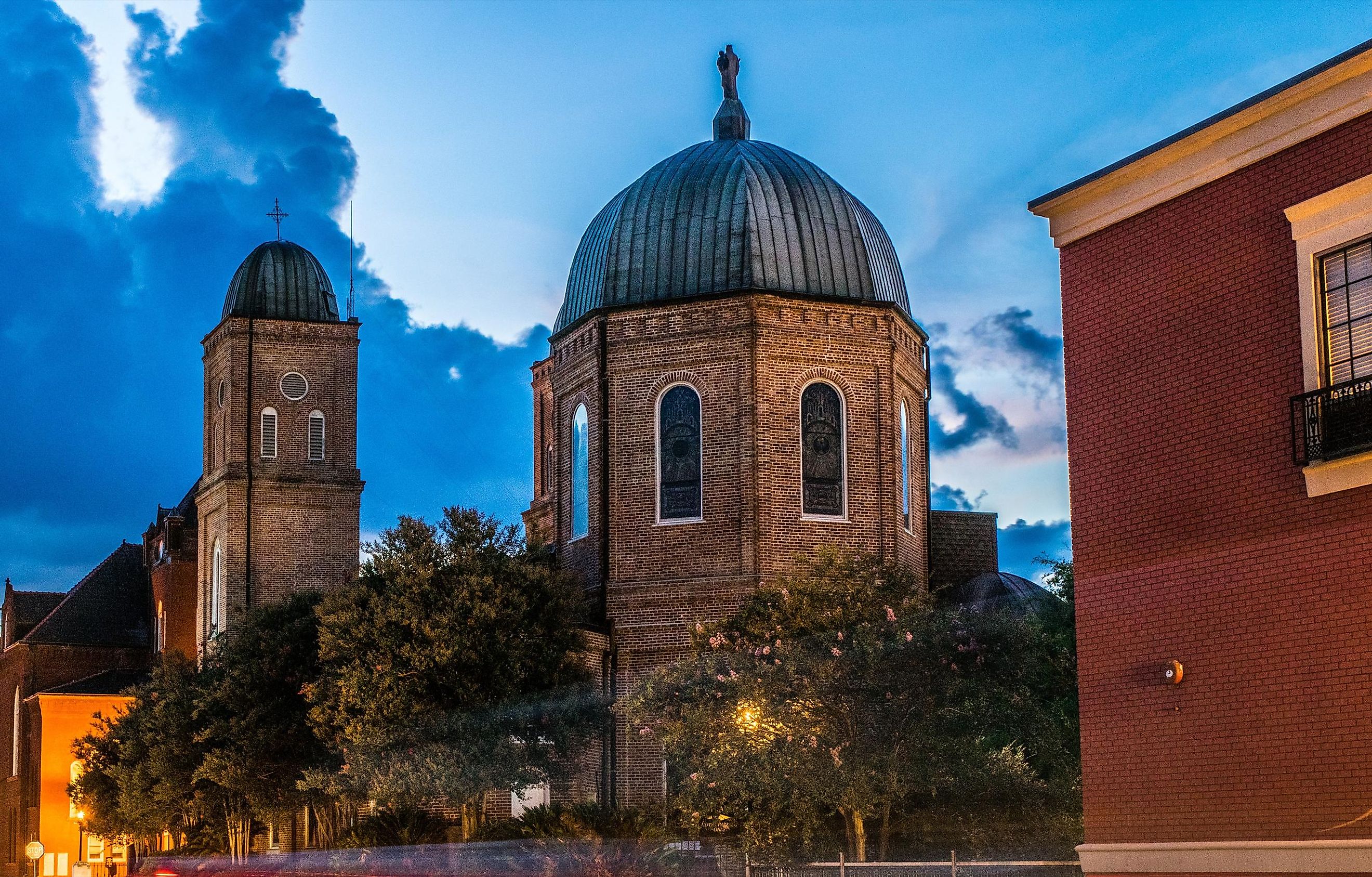 Light trails captured at the Minor Basilica in Natchitoches, Louisiana.