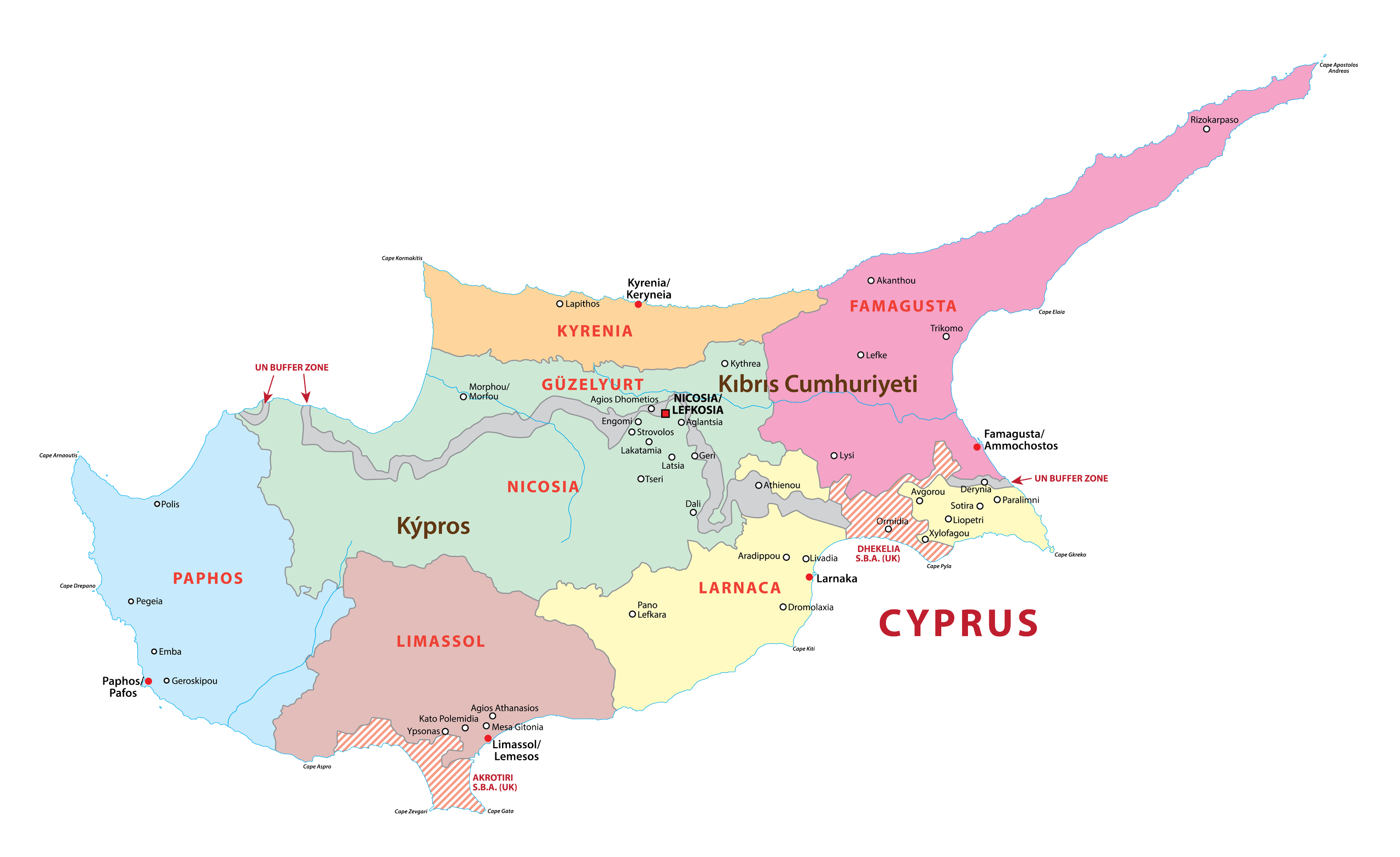 Administrative map of Northern Cyprus (not recognized by the international community) and the Republic of Cyprus.