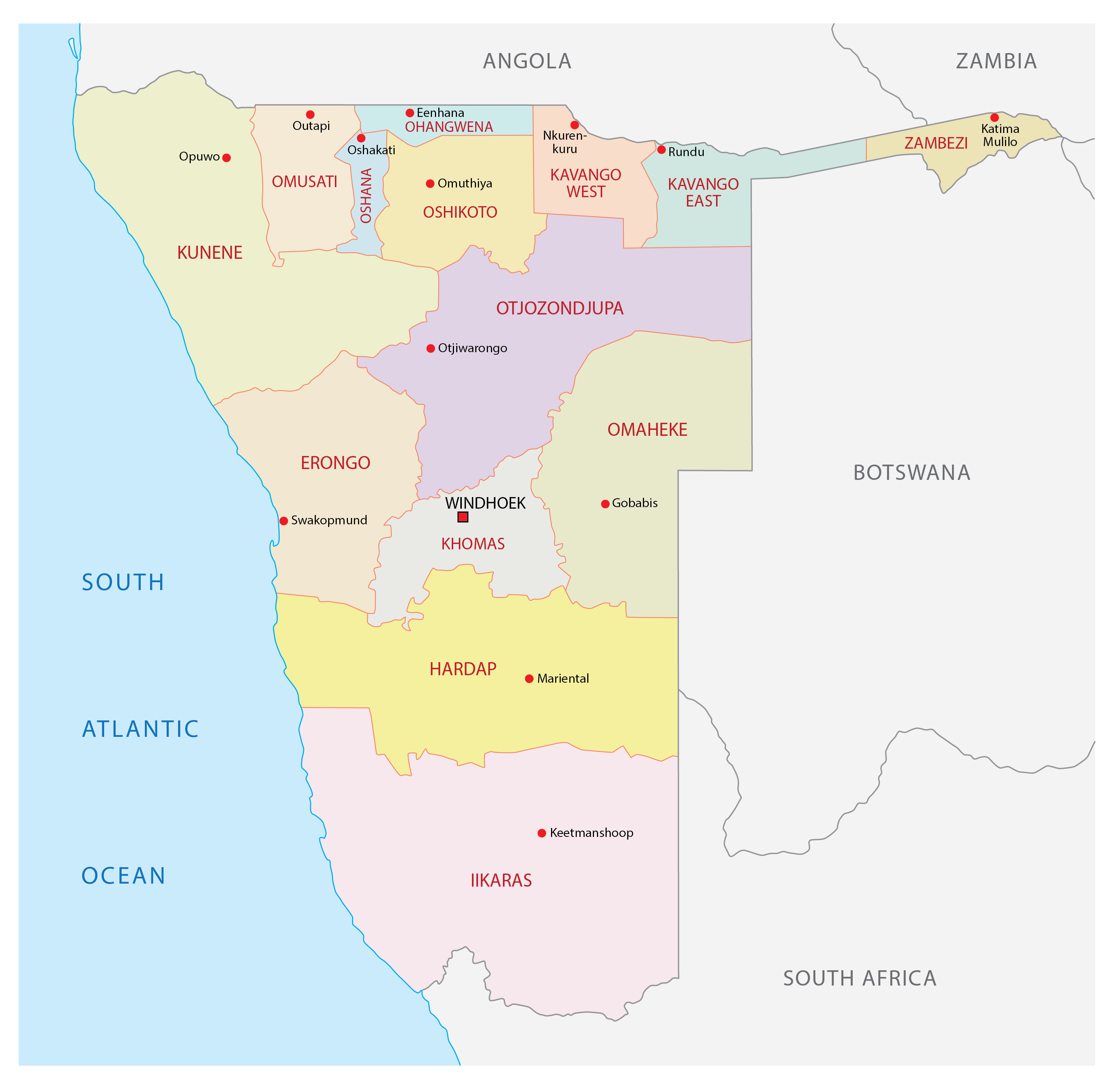 Regions Of Namibia Map 