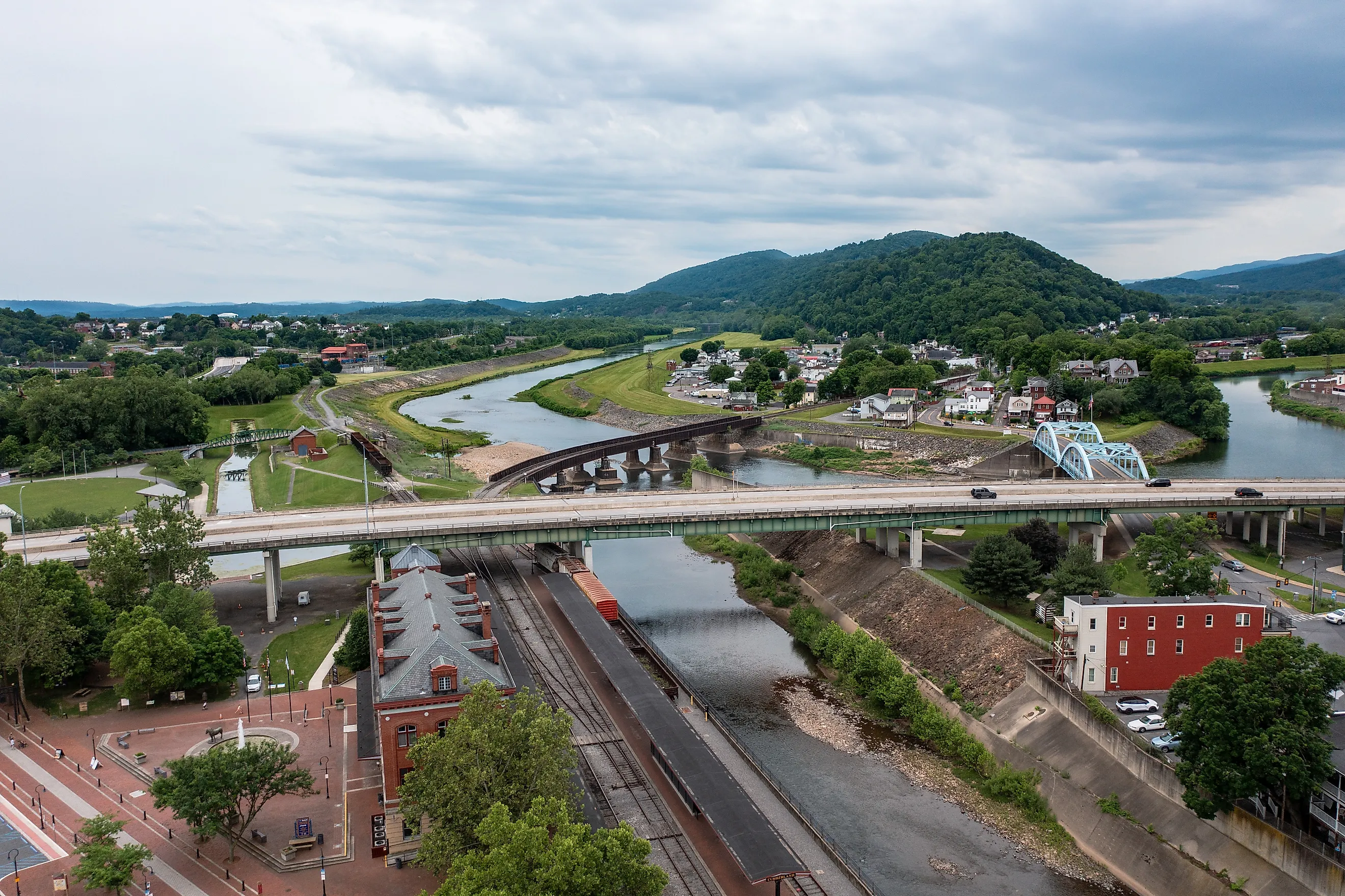 Aerial View of the C and O Canal Trail and the Potomac River in Cumberland Maryland
