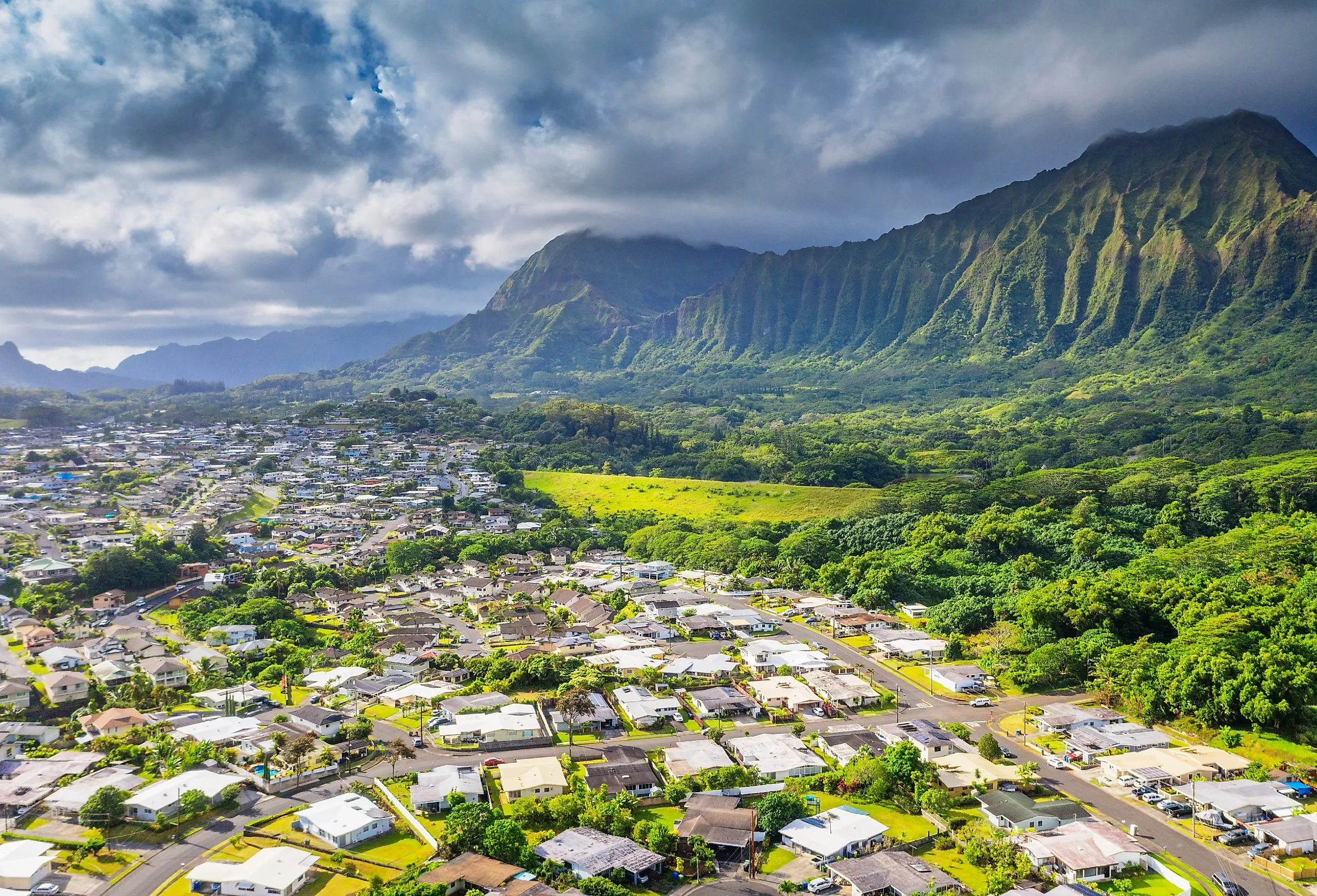 Aerial view by drone of Iailua town, Oahu island, Hawaii.