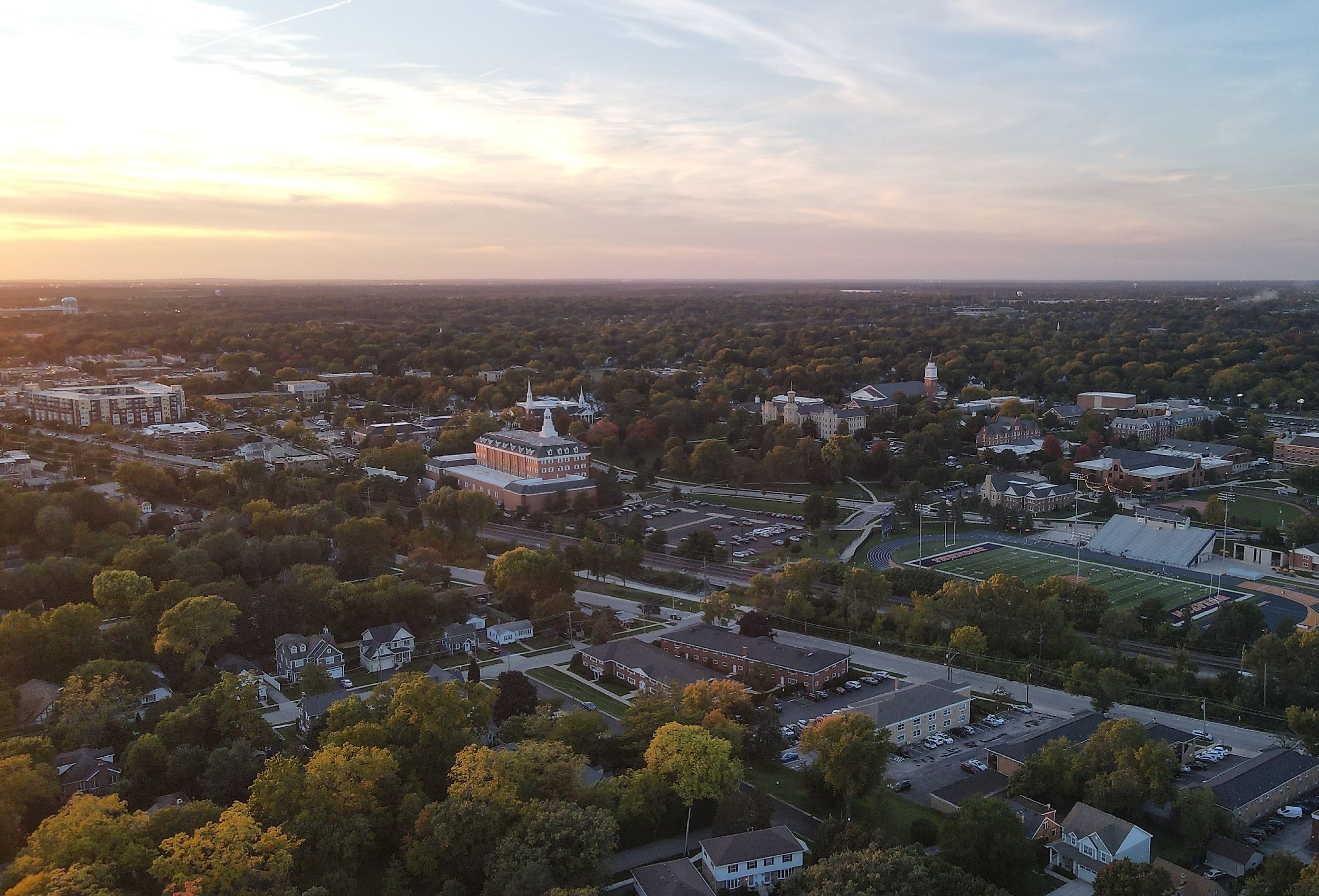 Aerial view of Wheaton, Illinois at sunset.