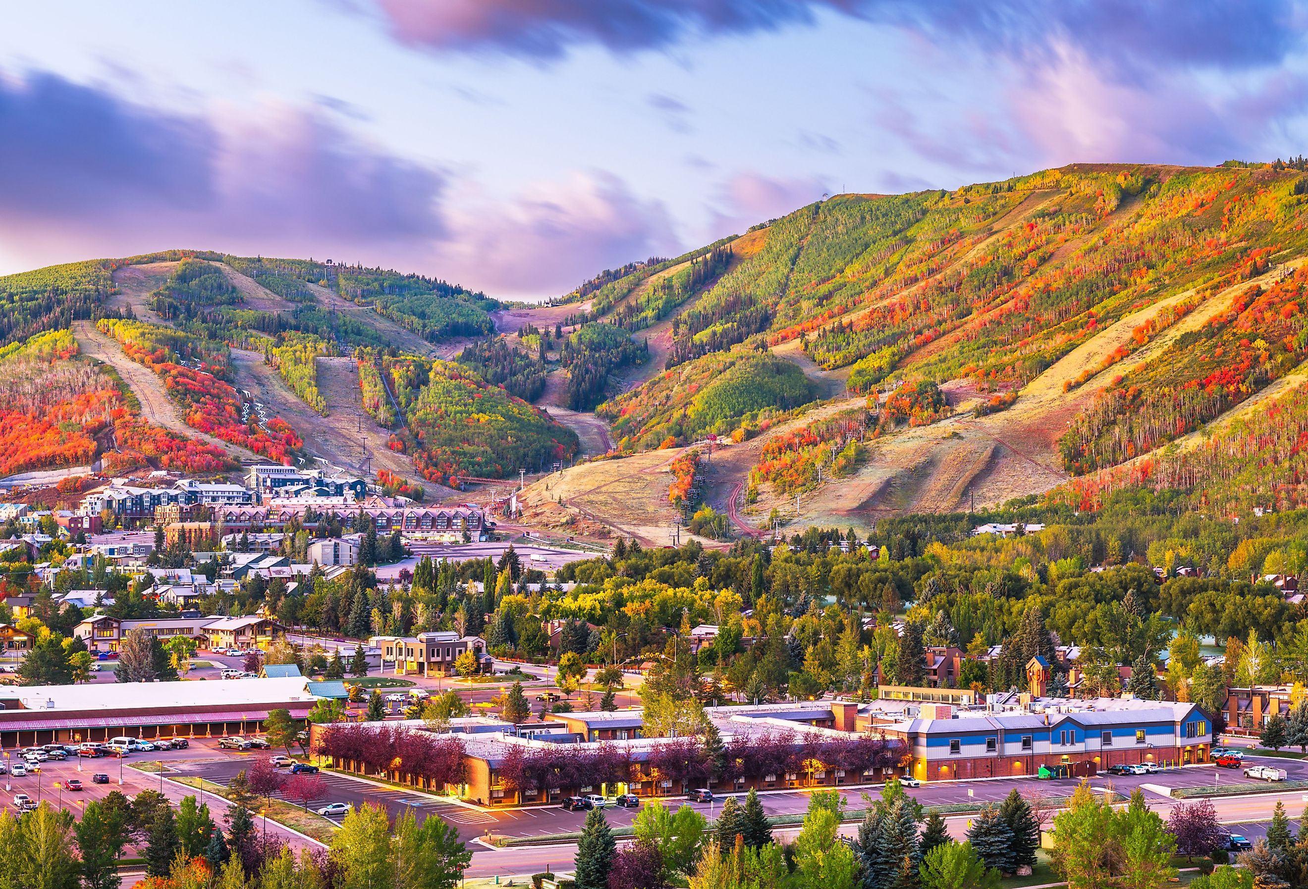 Overlooking downtown Park City, Utah, in autumn with vibrant colors.