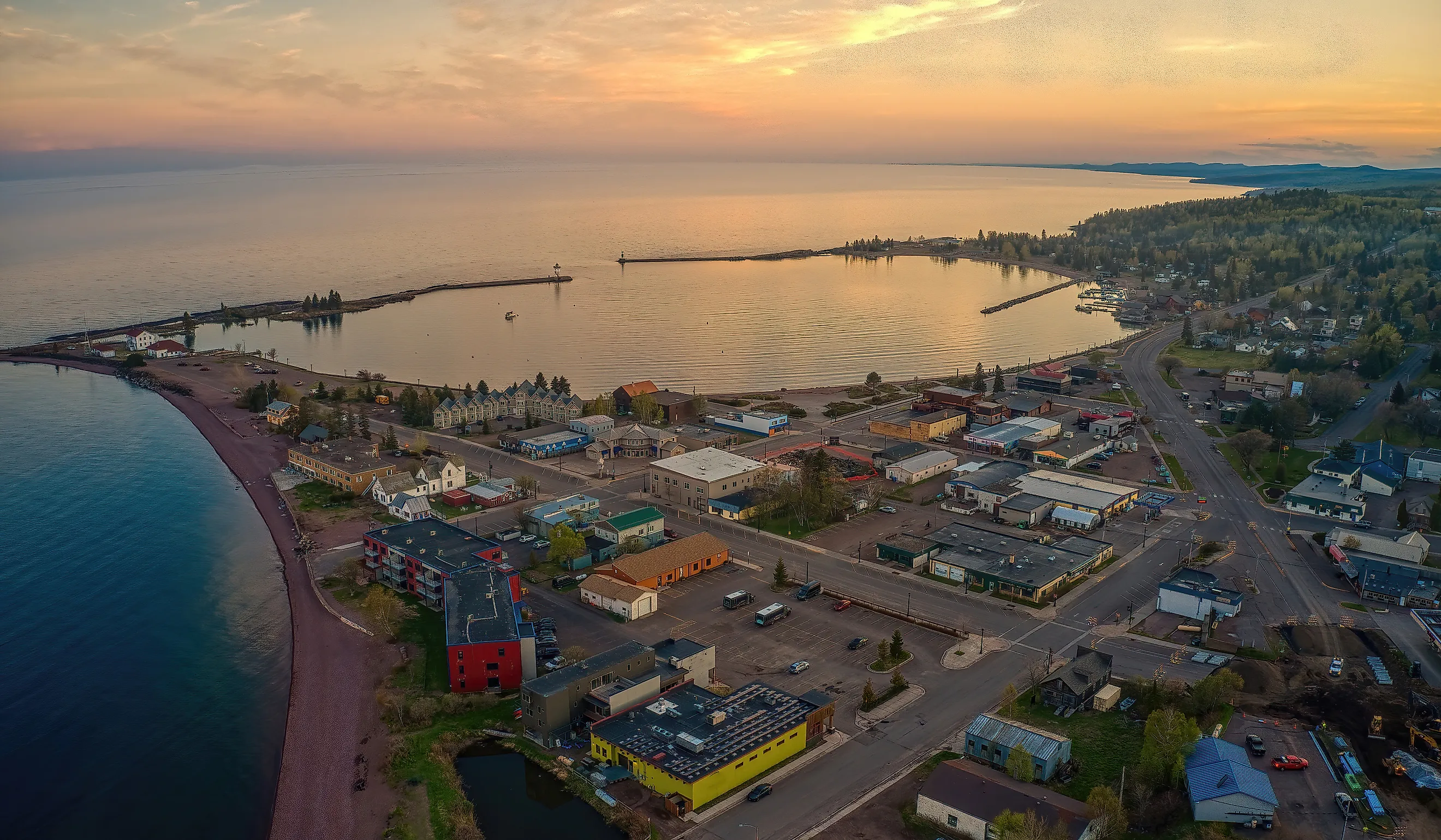 Aerial View of Grand Marais, Minnesota, at sunset.