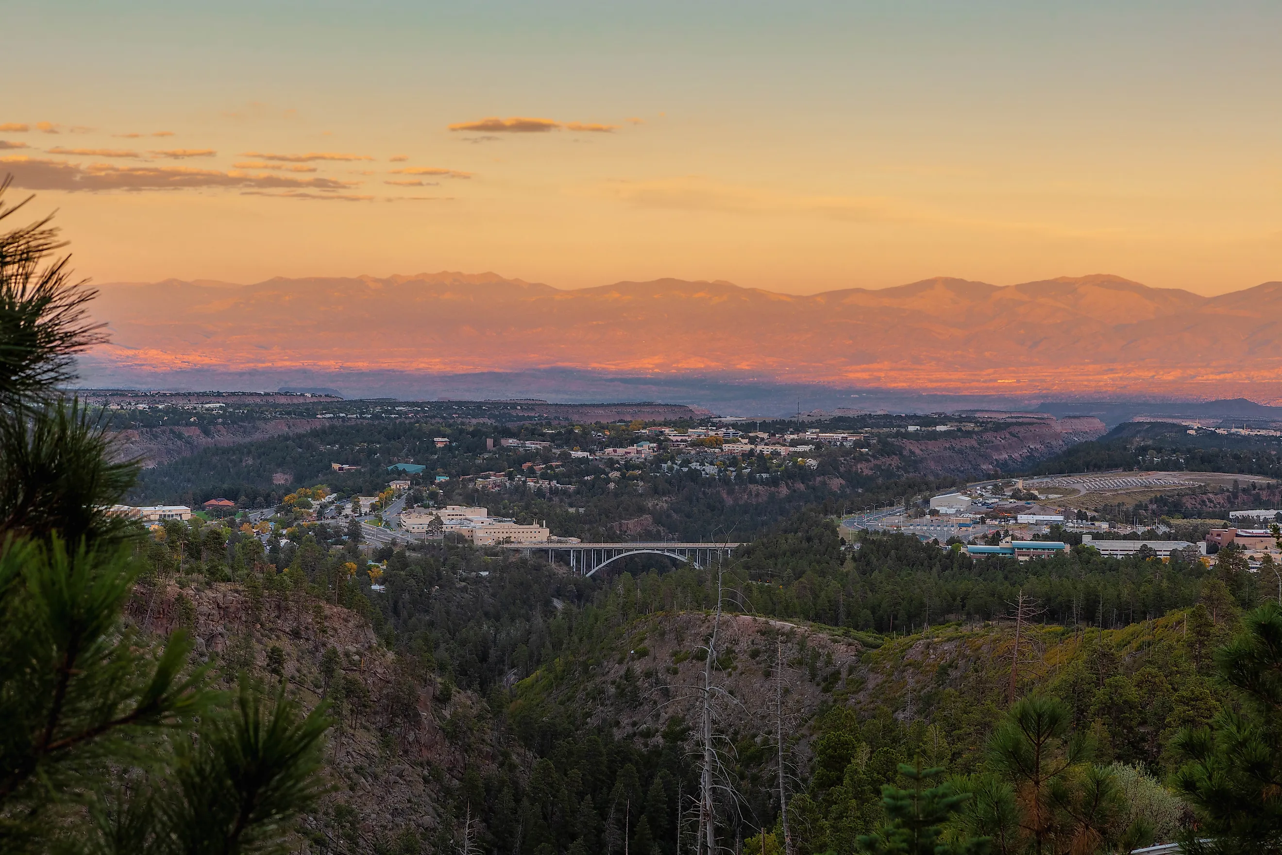 Aerial view of Los Alamos, New Mexico at sunset.