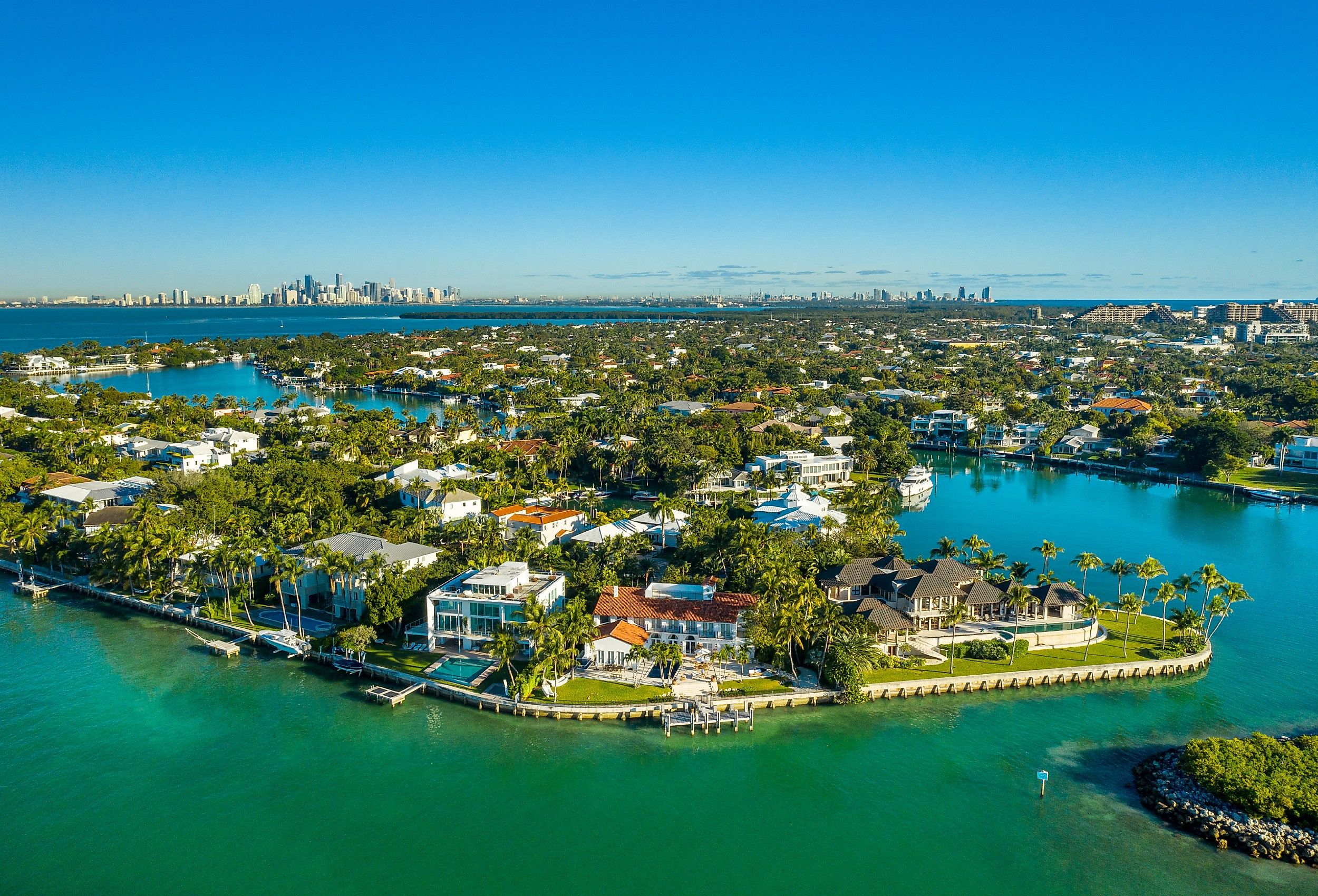 Aerial drone view of wonderful mansions in Key Biscayne, Miami.