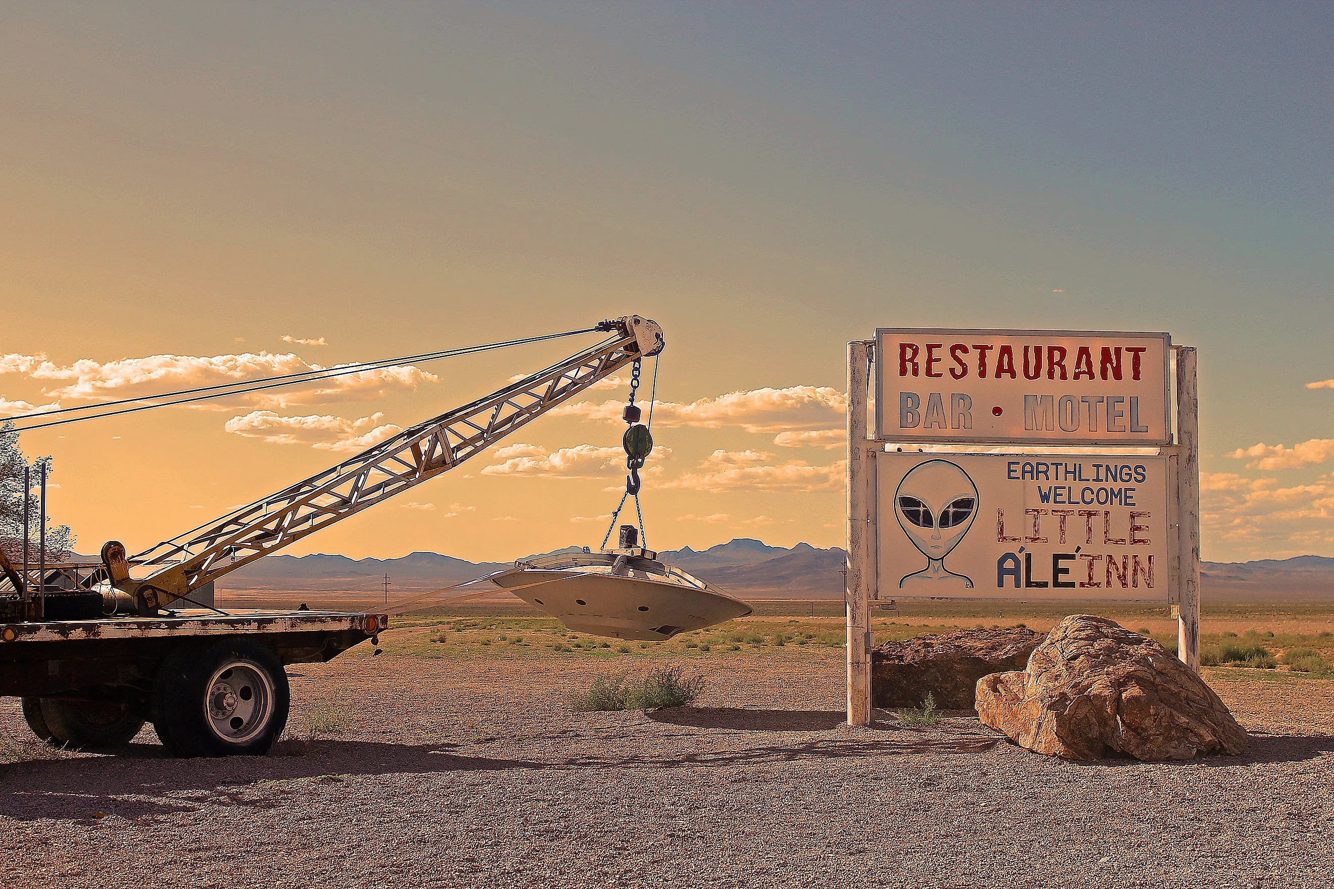 Sign for an alien-themed inn in Rachel, Nevada.