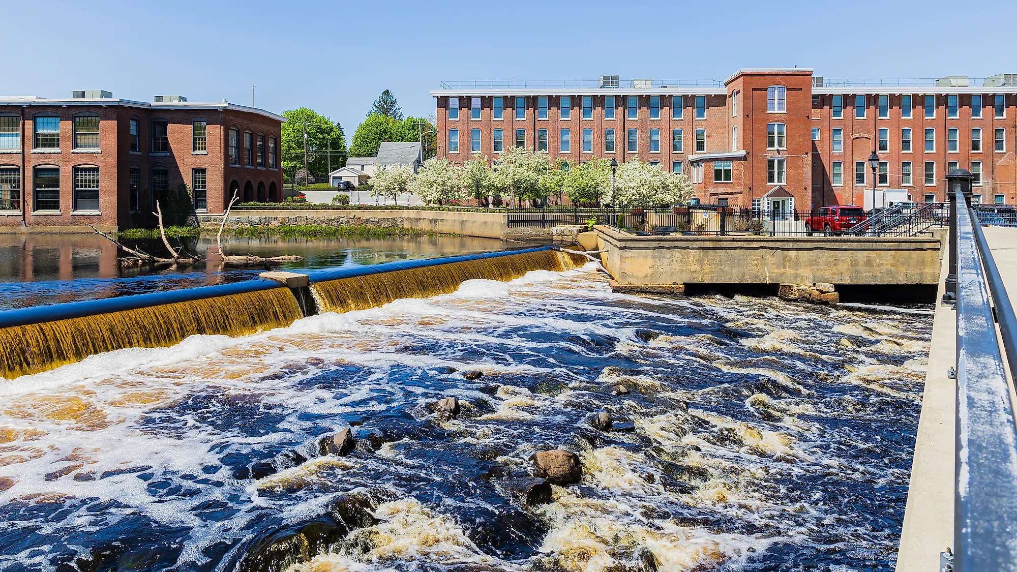Dam at the Ipswich River in Ipswich, Massachusetts.