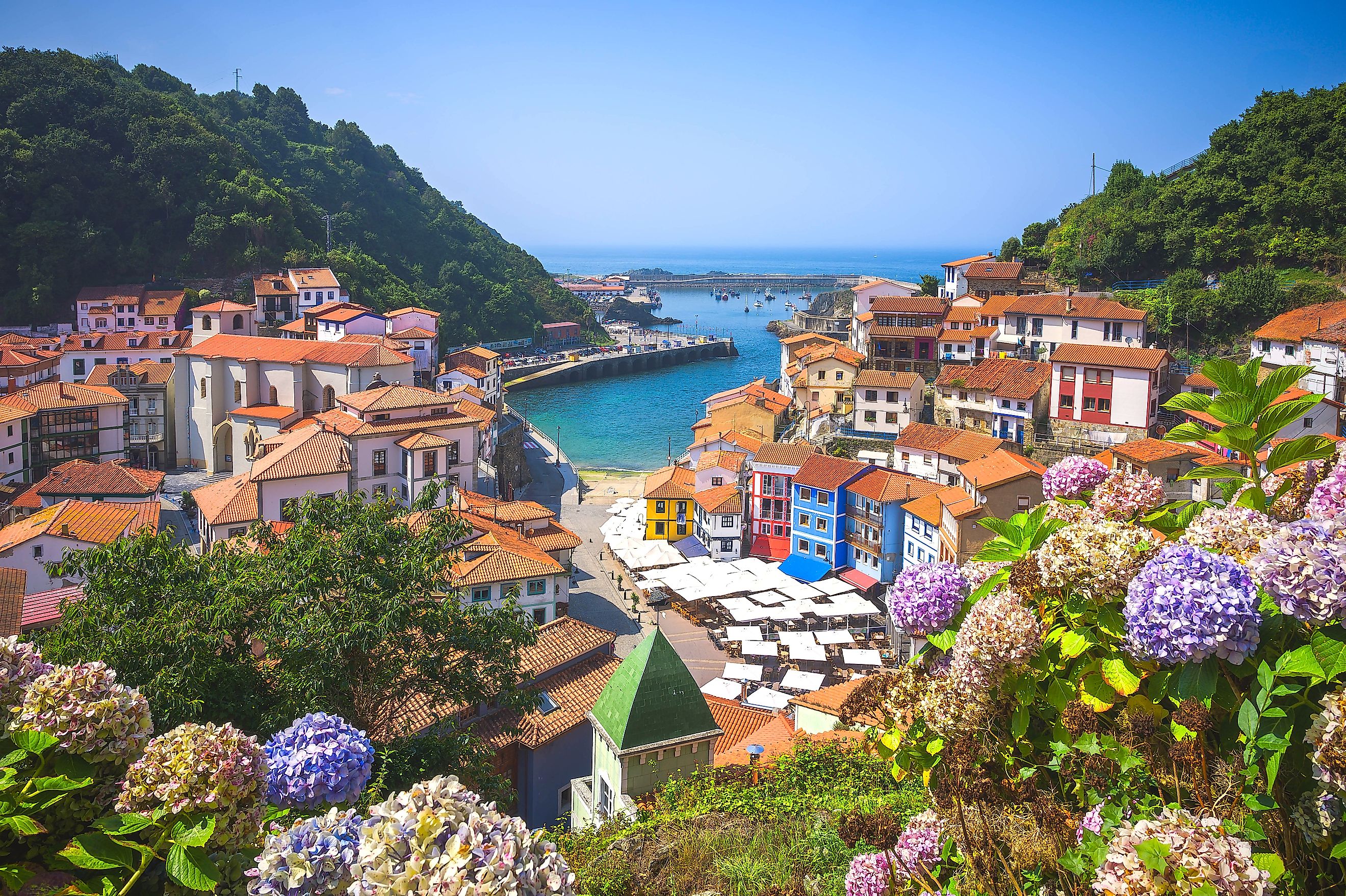 Panoramic view of the seaside town of Cudillero, Spain.
