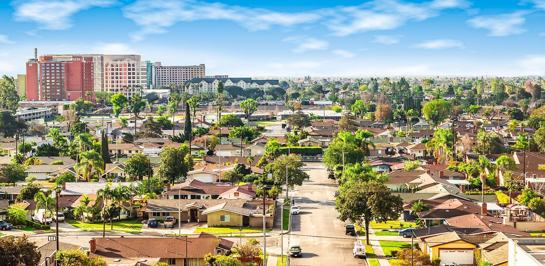 Panoramic view of a neighborhood in Anaheim, Orange County, California. 