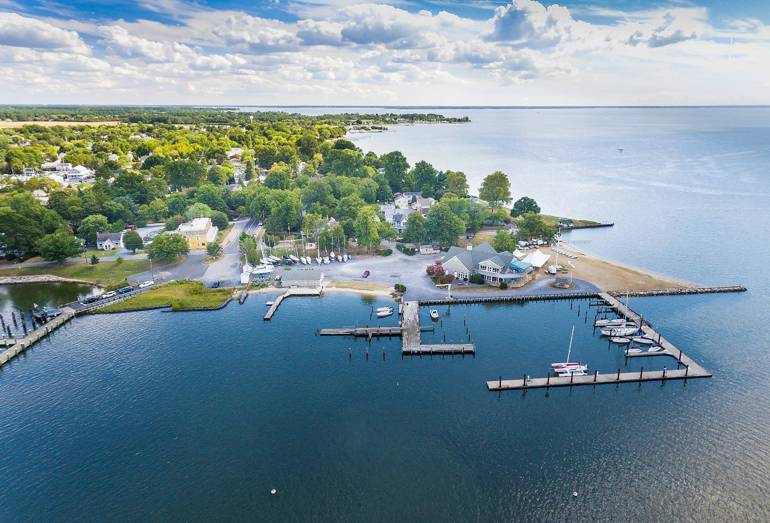 Aerial panoramic view of Oxford, Maryland.