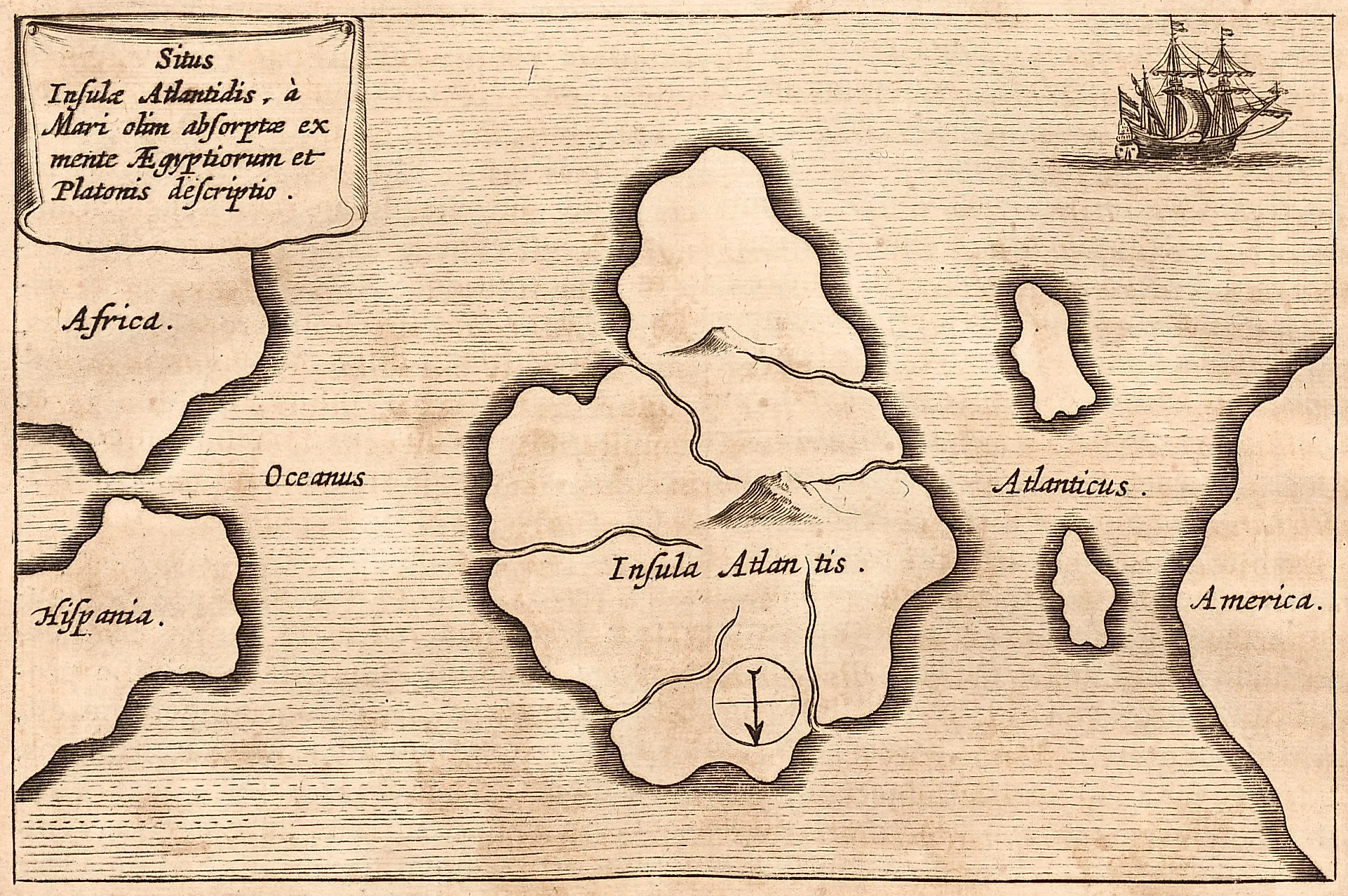 Kircher's map of Atlantis, oriented with south at the top, from Mundus Subterraneus. Athanasius Kircher, Public domain / Via Wikimedia Commons.