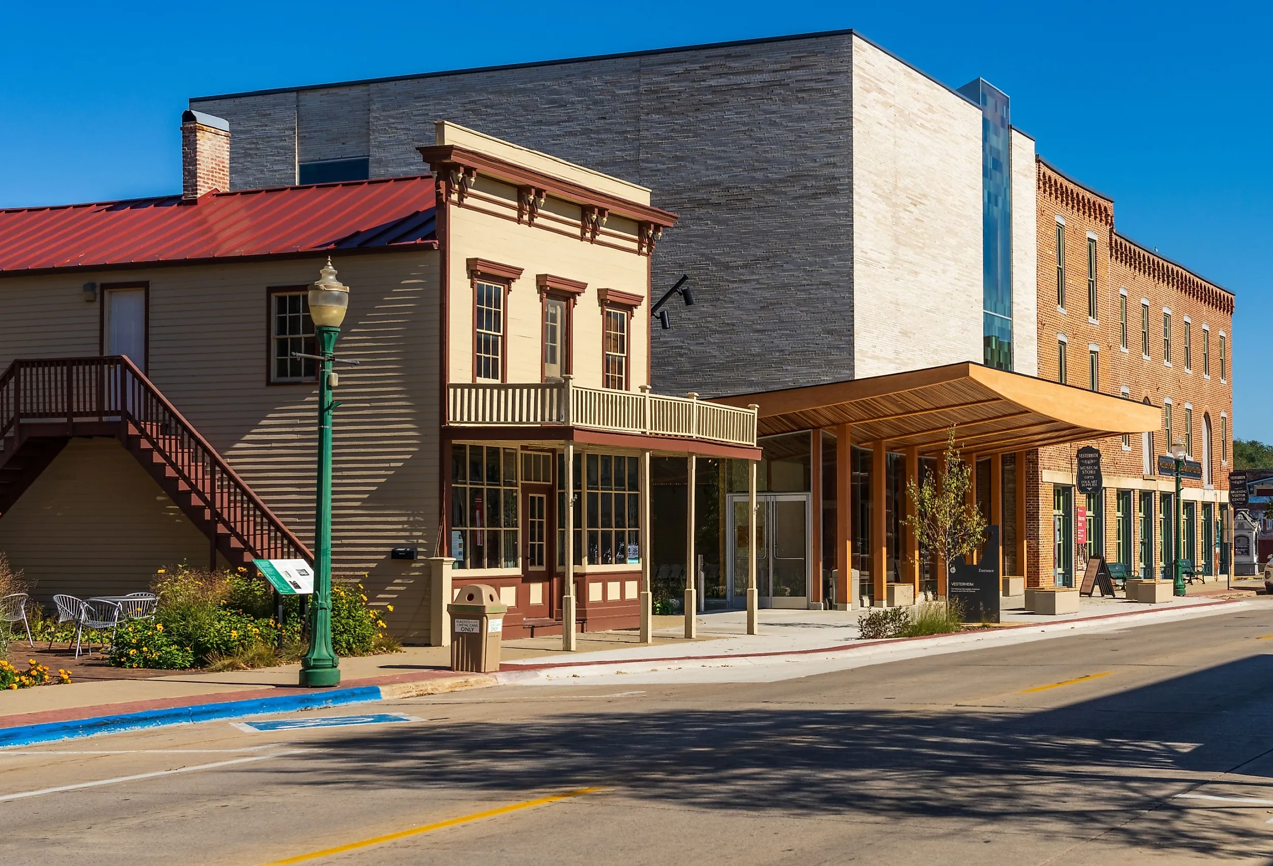 Main building of the Vesterheim Norwegian American Museum on the town main street in Iowa. Image credit: Steve Heap via Shutterstock.