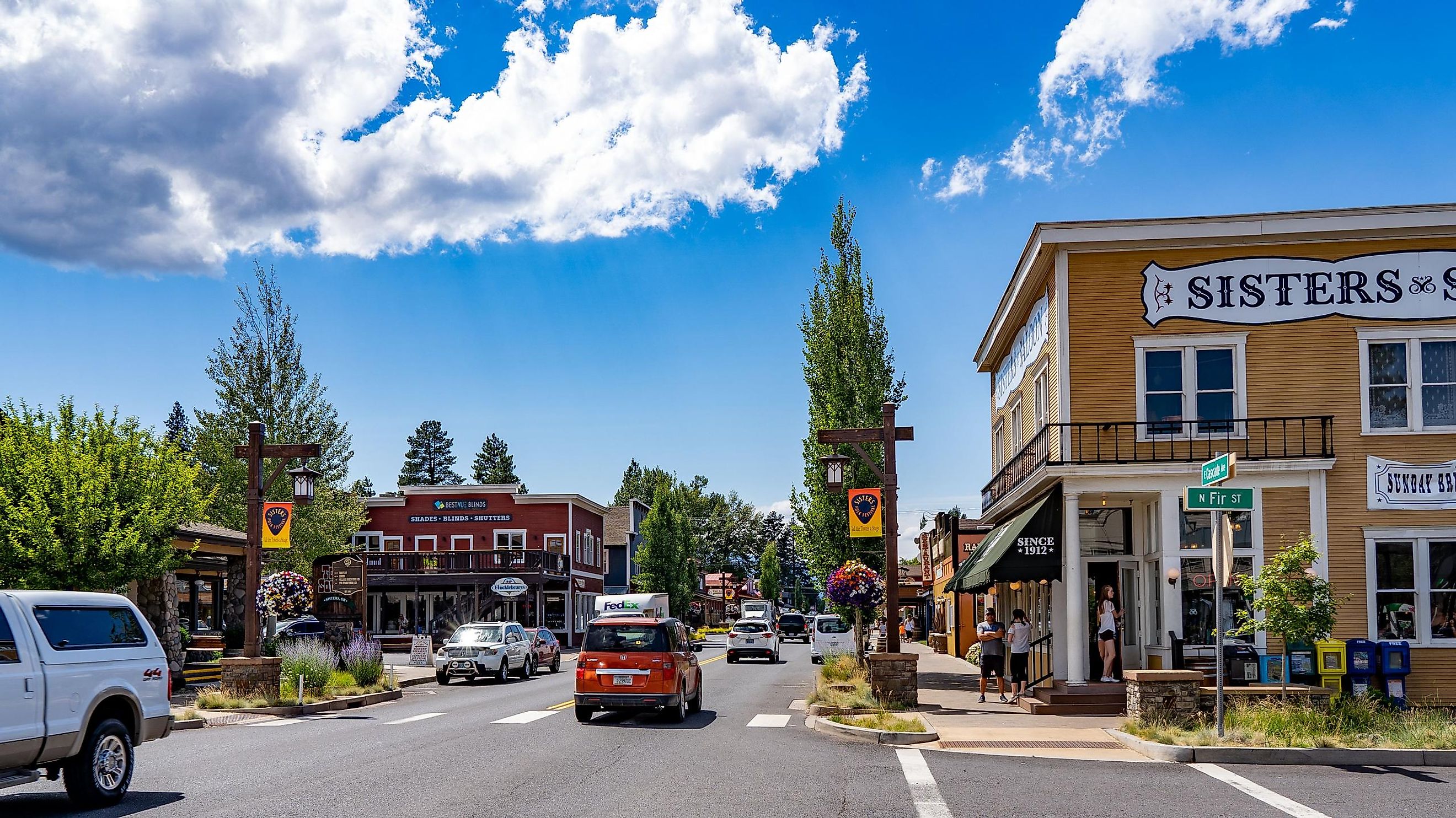 A view looking down the main street in downtown, Sisters.