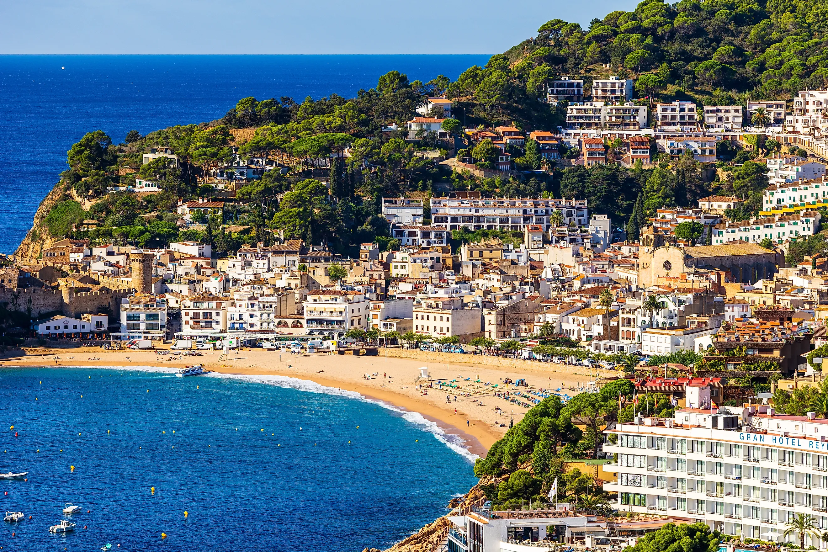 Modern town of Tossa de Mar viewed from the old town’s ramparts, Spain. 