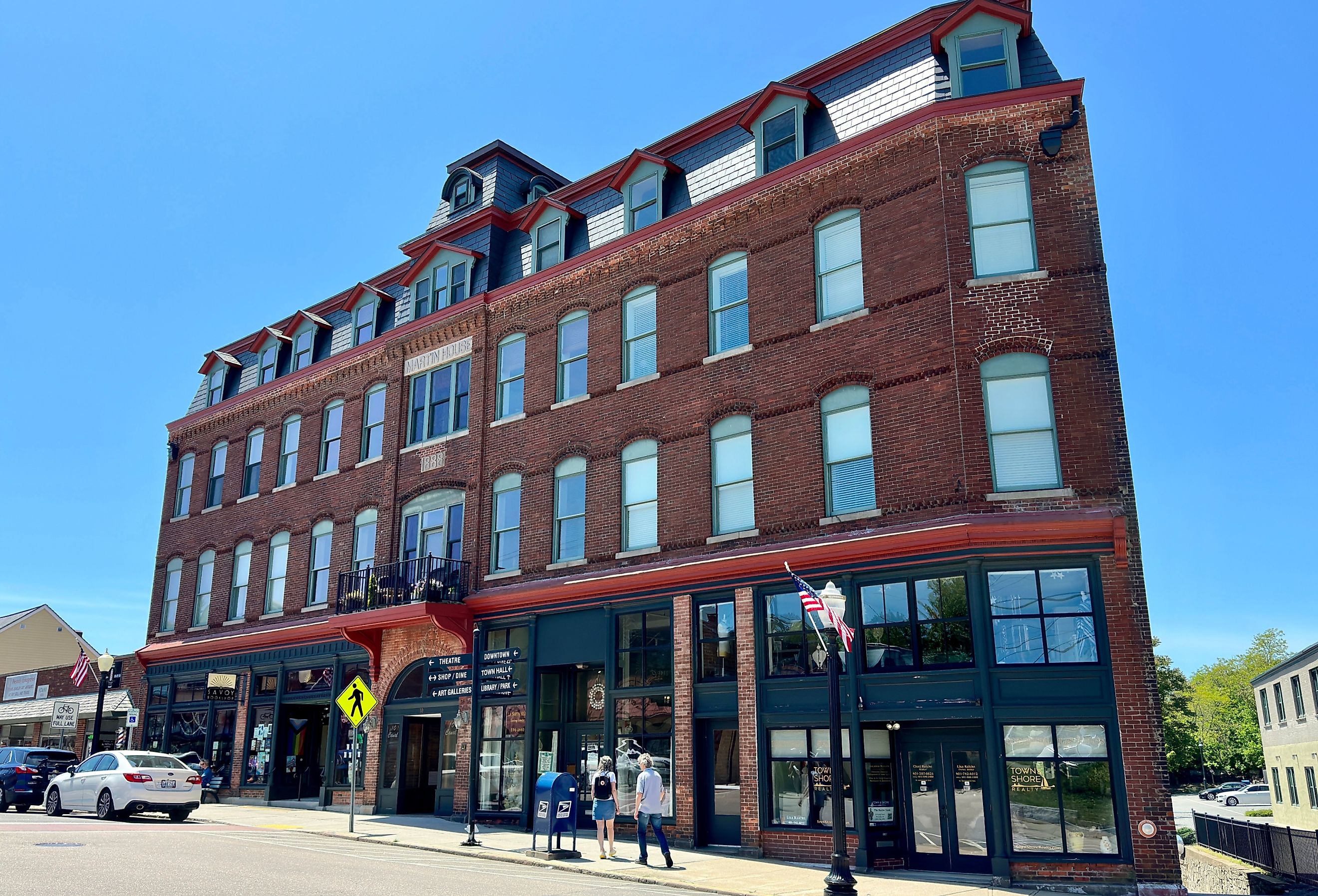 Streetscape of five-story, Martin House (former hotel) in historic, downtown, Westerly, Rhode Island.