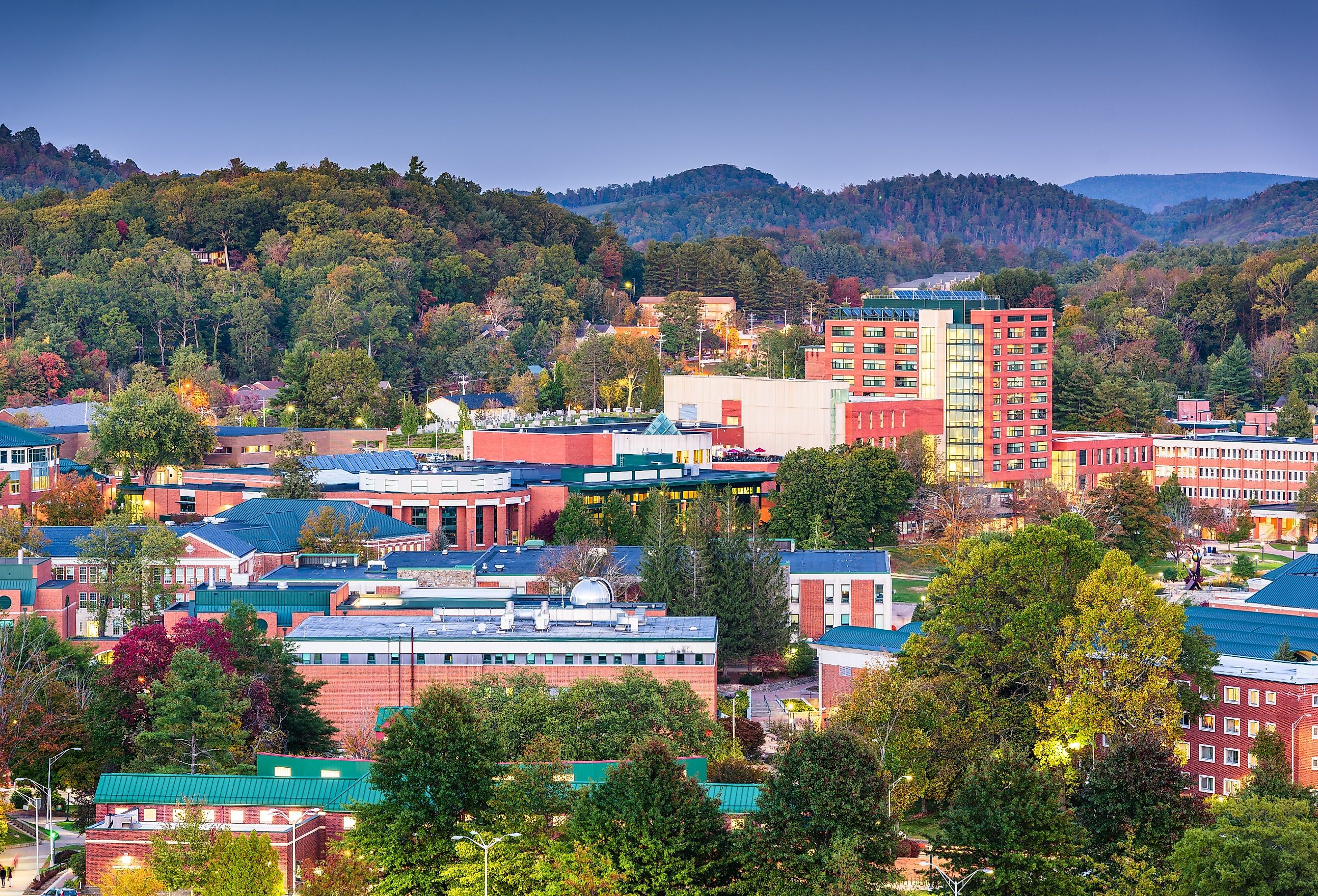 Boone, North Carolina, campus and town skyline at twilight.