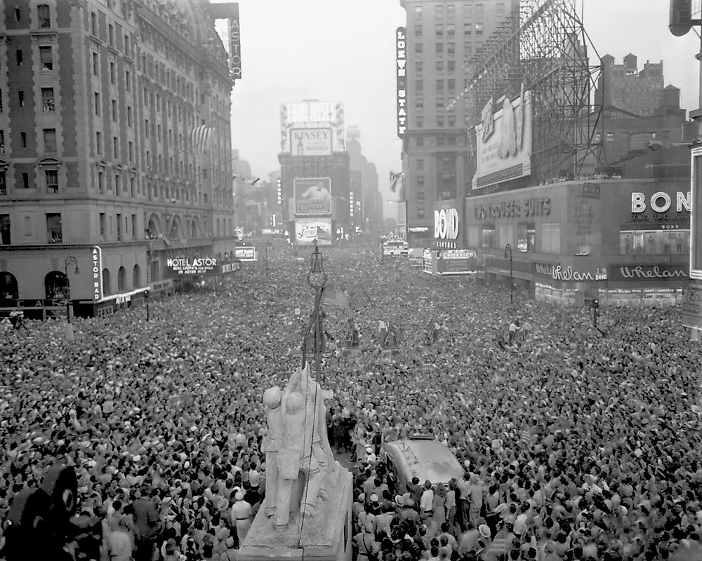 The surrender of Japan, signalling the end of WW2, is celebrated in New York's Time Square on August 15, 1945.