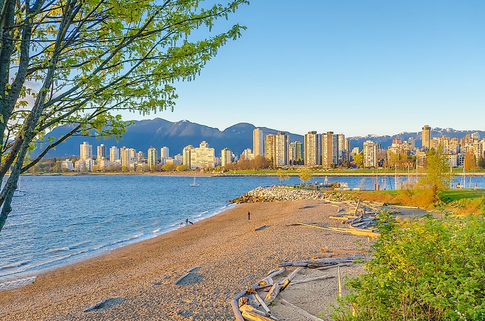 Kitsilano Beach with a view of downtown Vancouver.