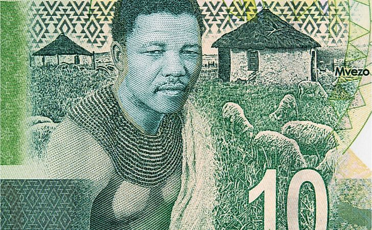 Young Nelson Mandela and his birthplace of Mvezo on South Africa 10 rand note.