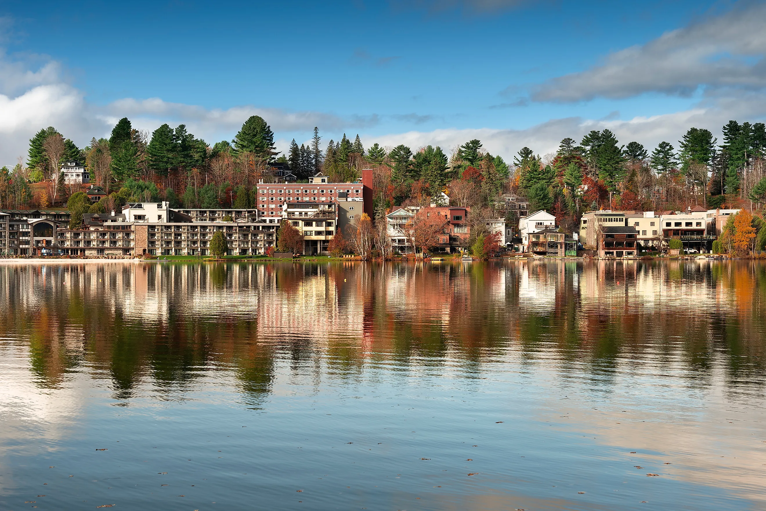 Lake Placid town over Mirror Lake, Adirondack Mountains, New York.