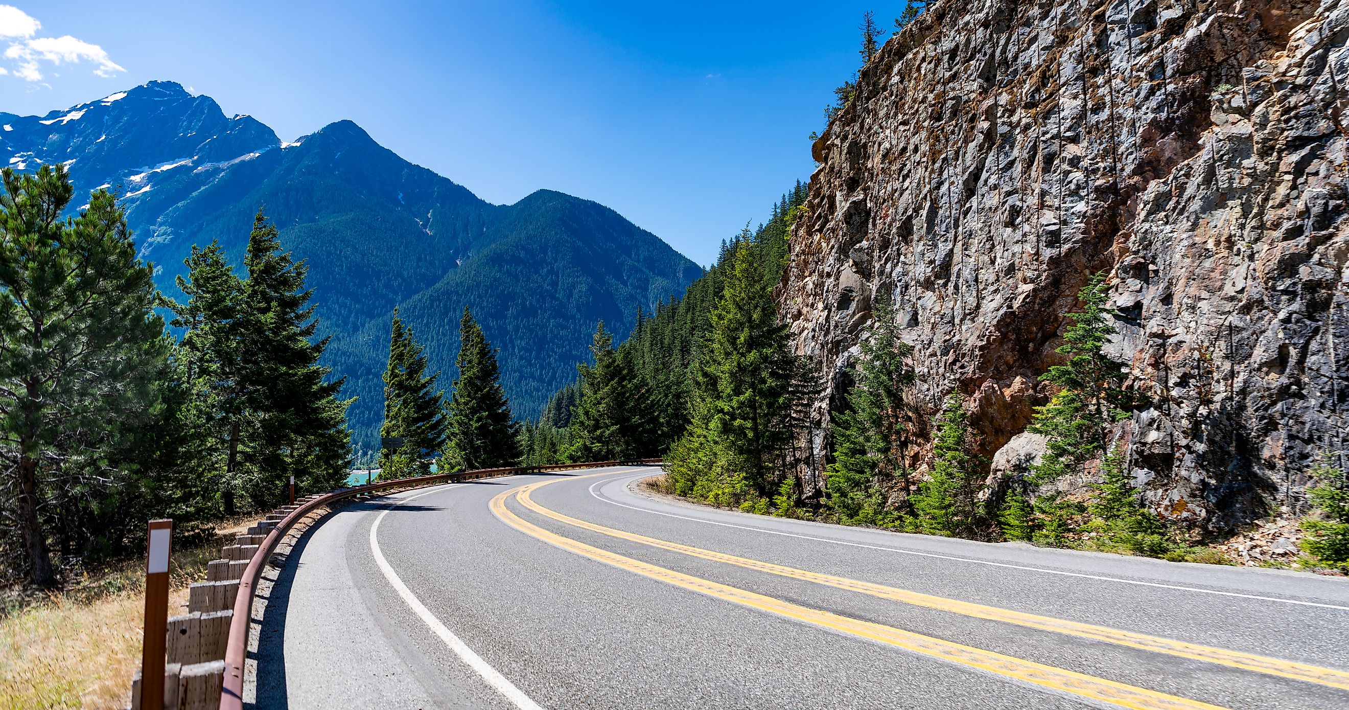 North Cascades nation park. Road leads to Diablo lake with mountain landscape