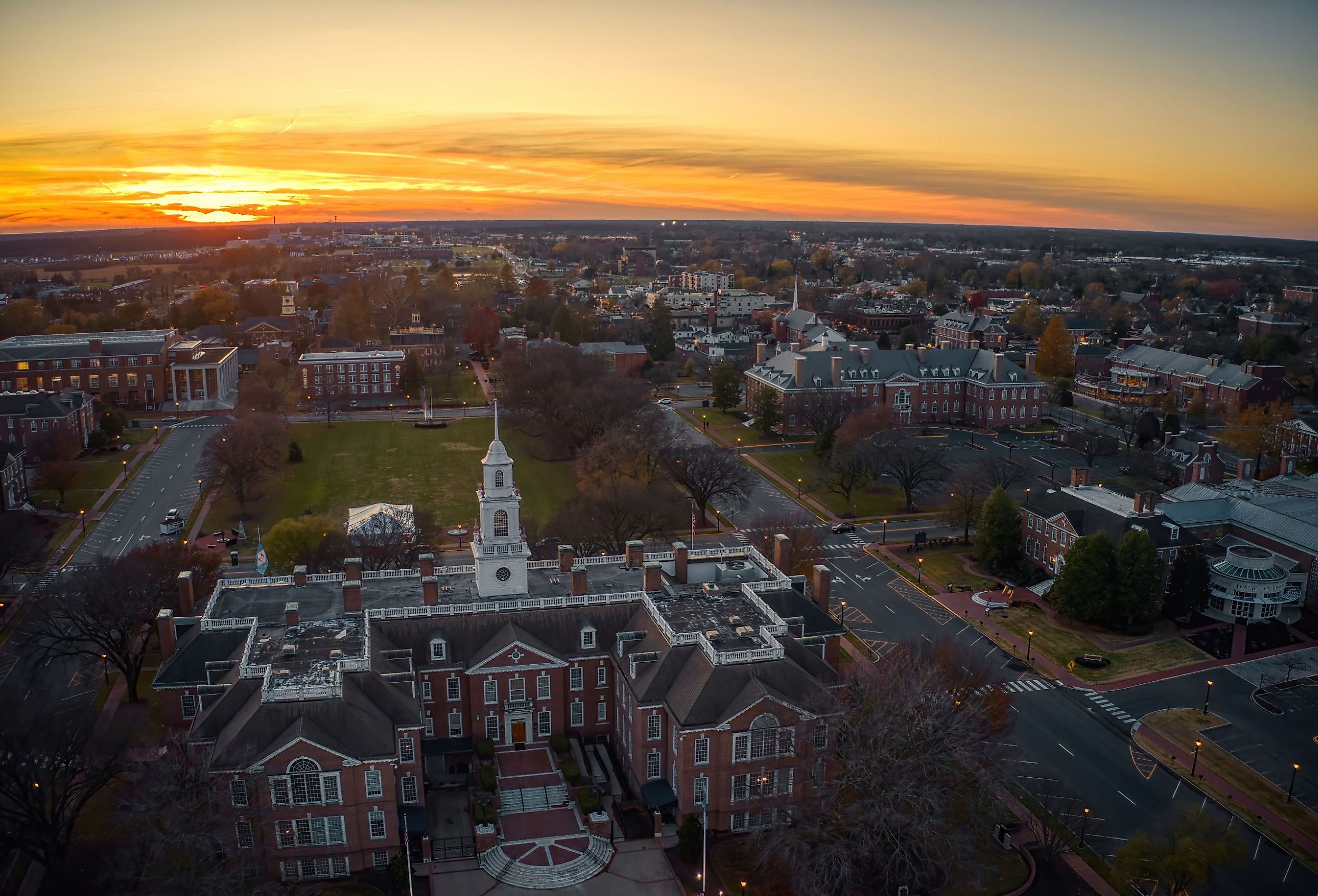 Aerial view of Dover, Delaware in autumn at dusk. 