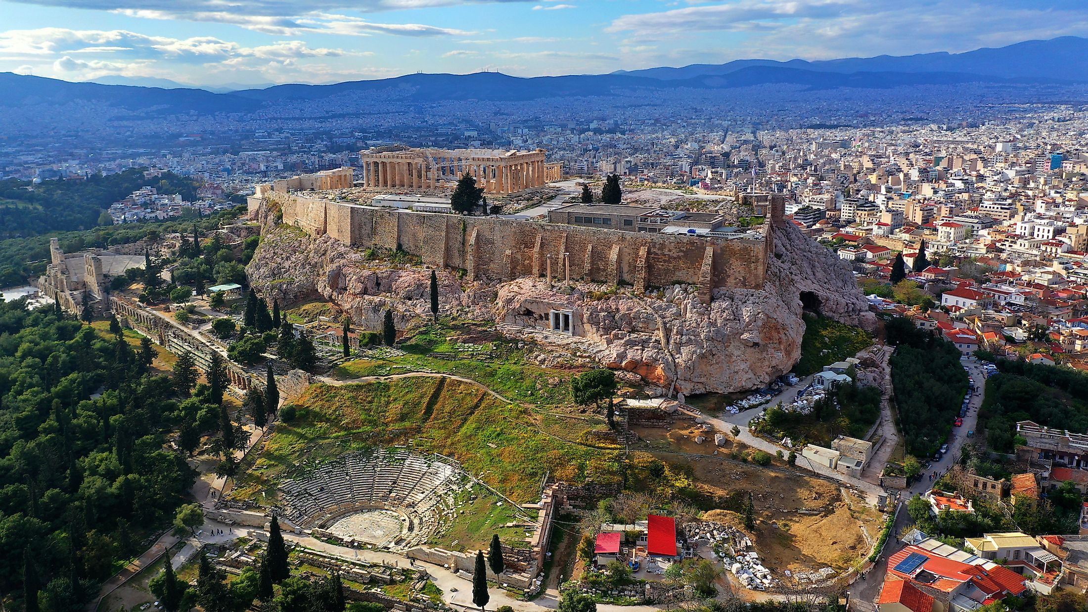 The archeological treasures of Athens, Greece, as seen from the air.