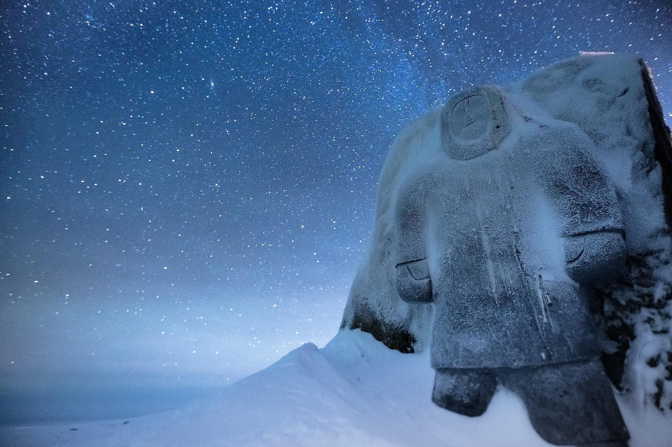 Memorial to the relocated Inuits of the High Arctic, near hamlet of Resolute Bay, Nunavut, Canada, 2017