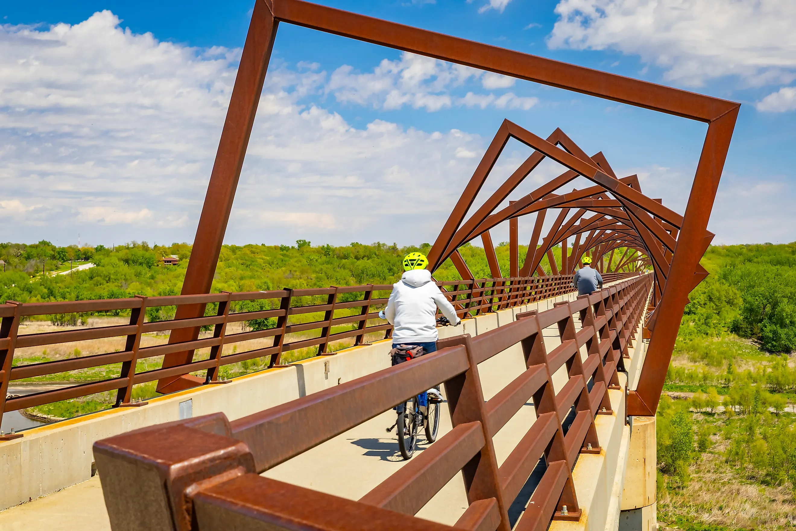 Panoramic view of High Trestle Trail Bridge in Madrid Iowa during summer recreation season.